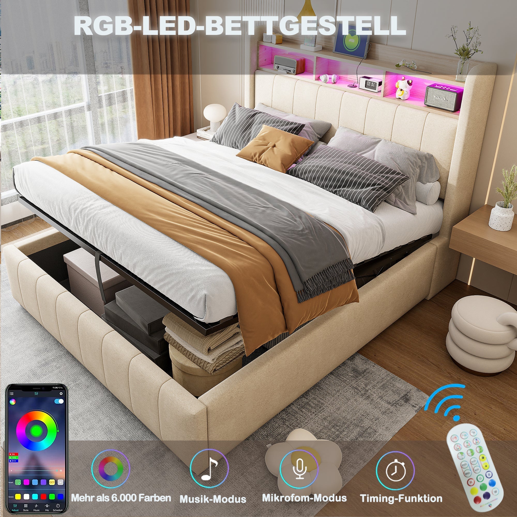 Upholstered Bed 140*200cm, LED Lighting, USB Socket, Headboard with Shelves, Hydraulic Storage, Double Bed, Beige Linen Fabric - Image 5