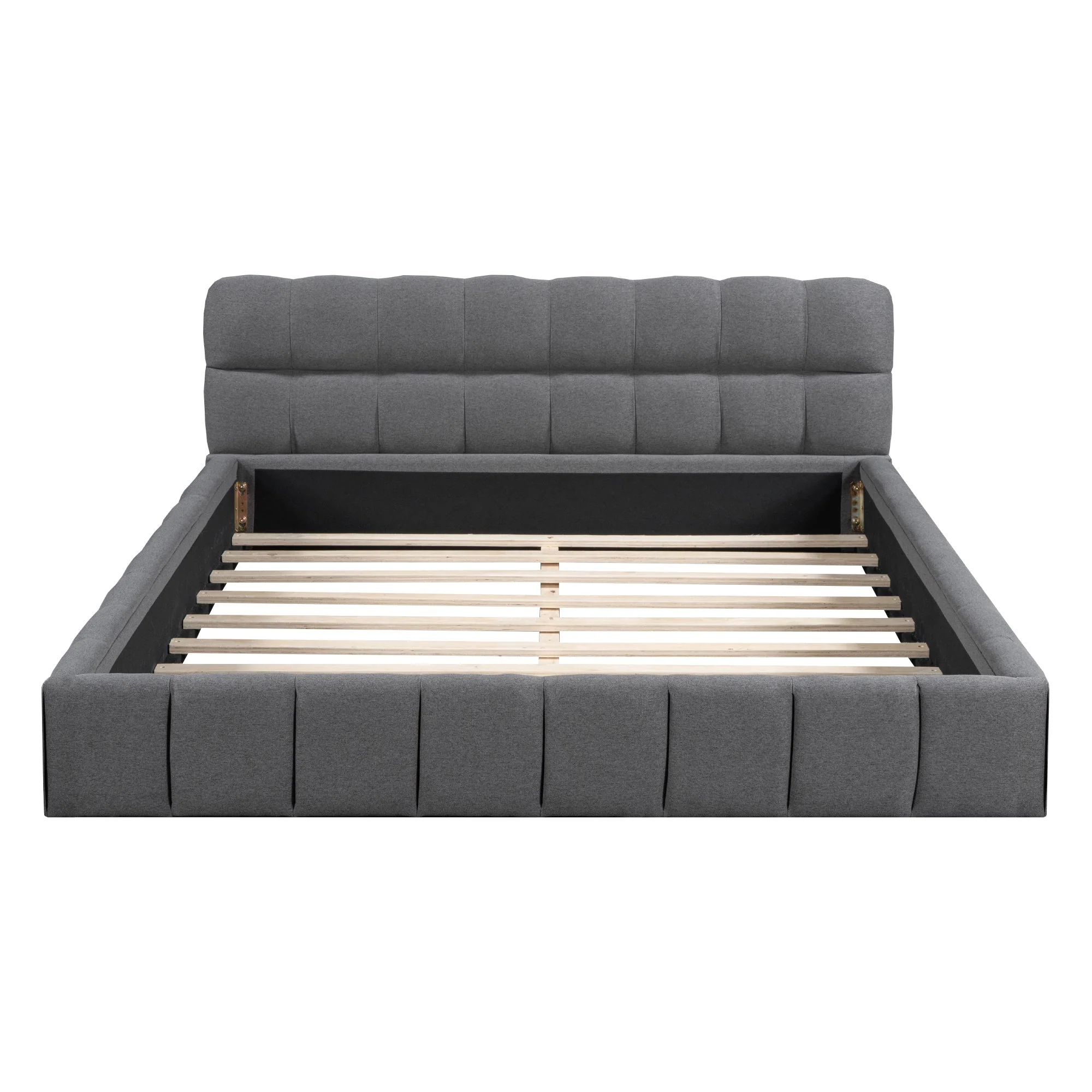 Upholstered Bed, 140 x 190 cm Double with Soft Backrest, Linen Grey - Image 4