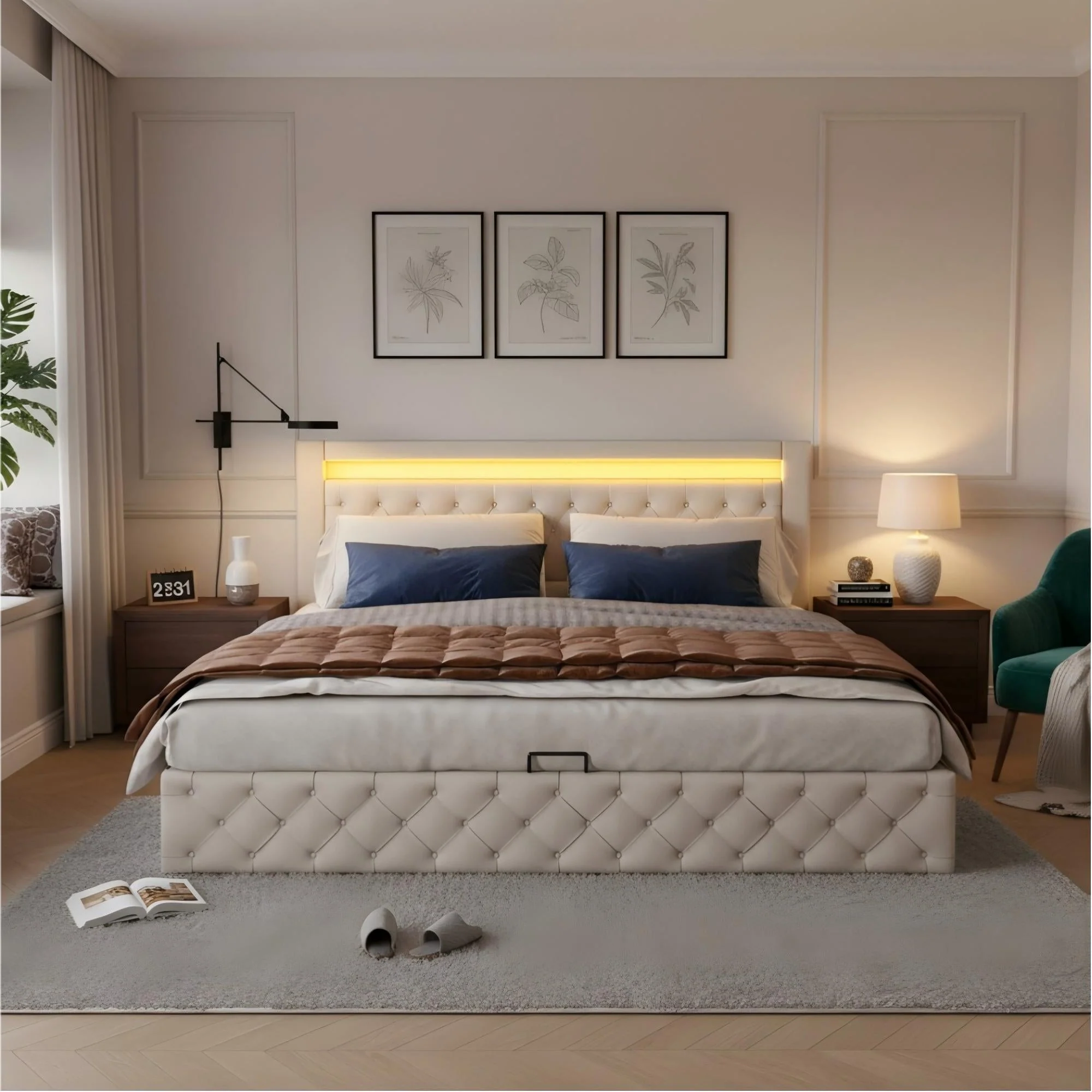 Upholstered Bed 140 x 190 cm with Hydraulic Storage and LED Lighting, White PU