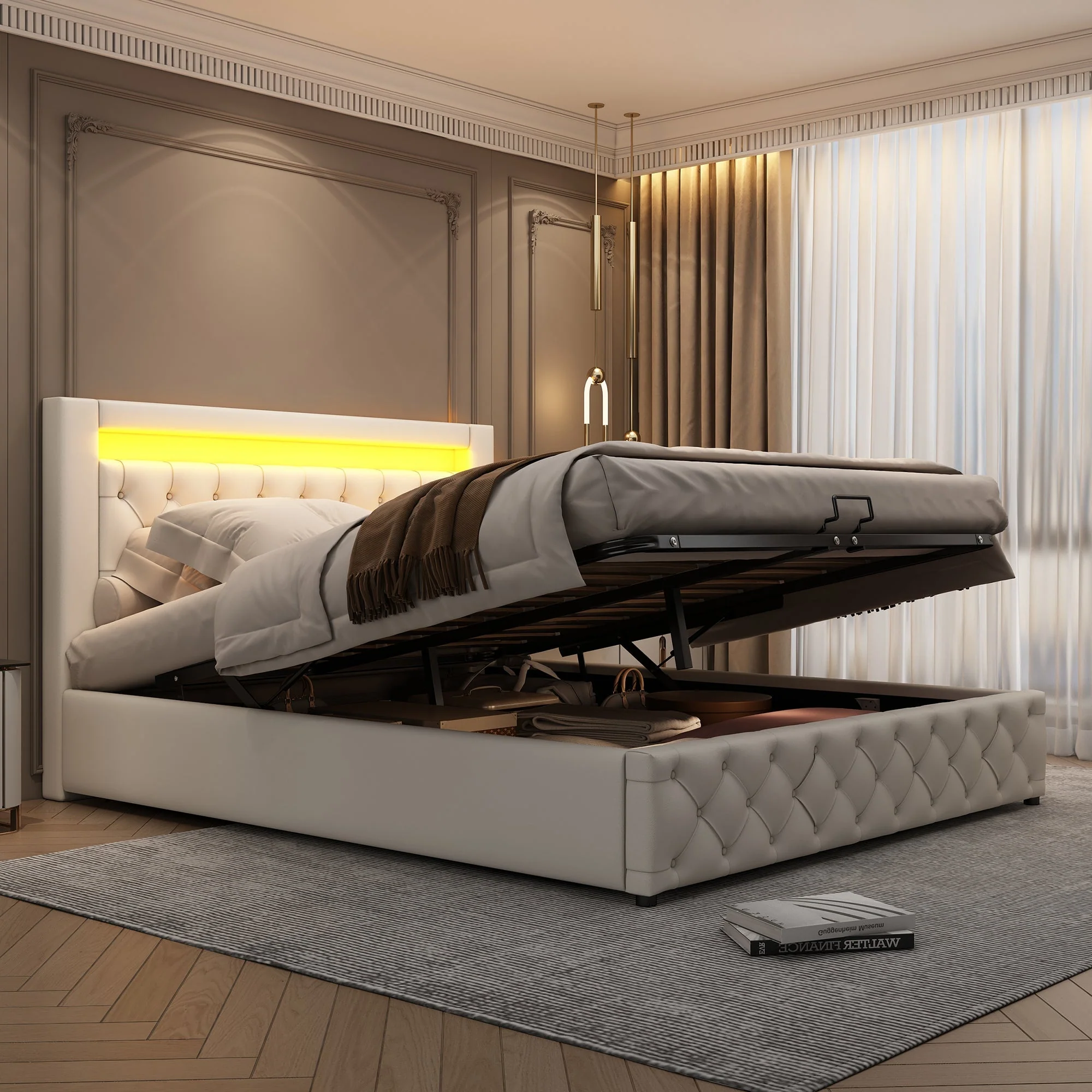 Upholstered Bed 140 x 190 cm with Hydraulic Storage and LED Lighting, White PU - Image 2