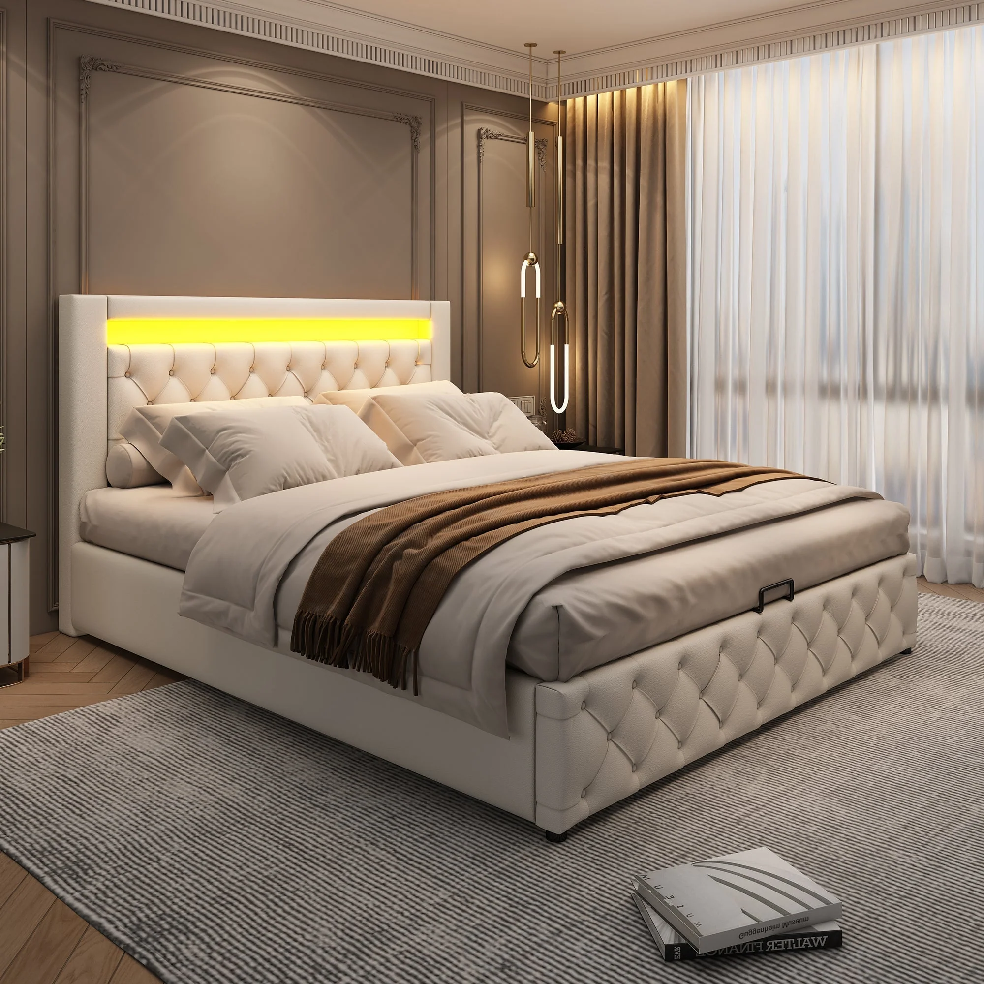 Upholstered Bed 140 x 190 cm with Hydraulic Storage and LED Lighting, White PU - Image 3