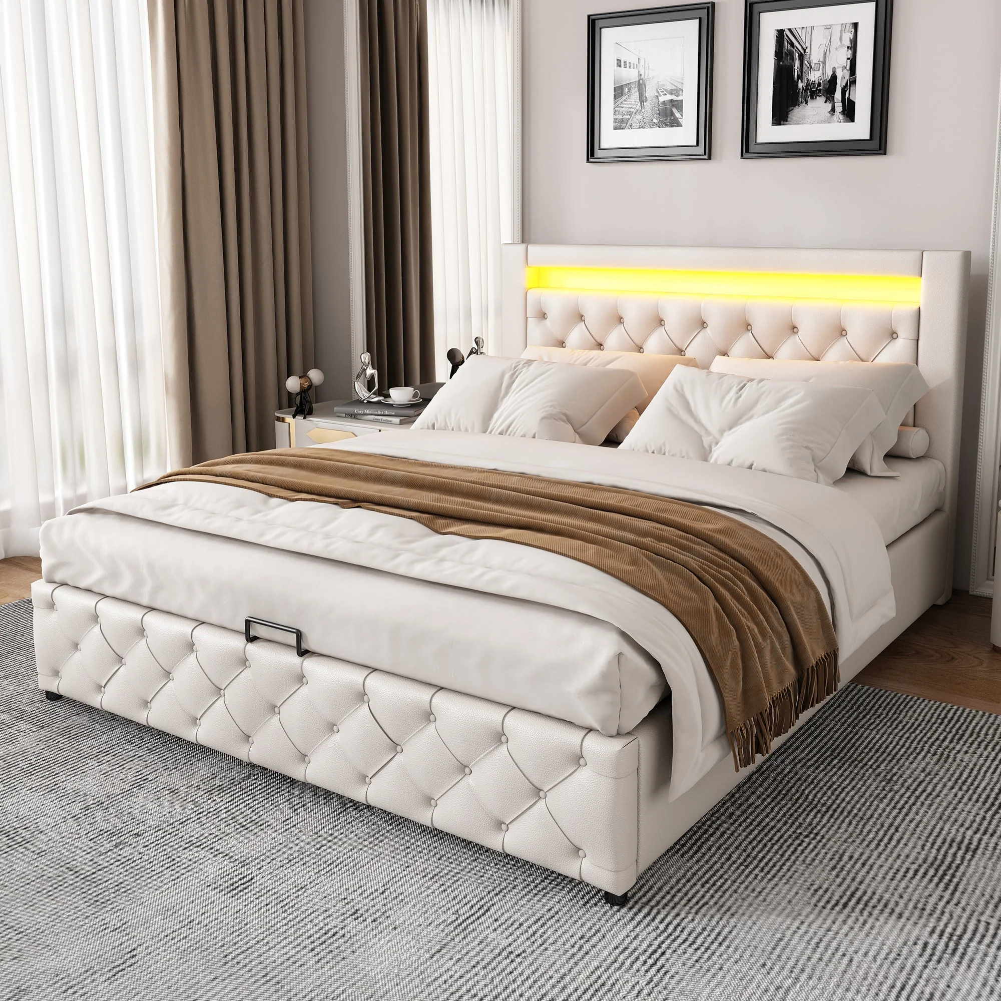 Upholstered Bed 140 x 190 cm with Hydraulic Storage and LED Lighting, White PU - Image 4