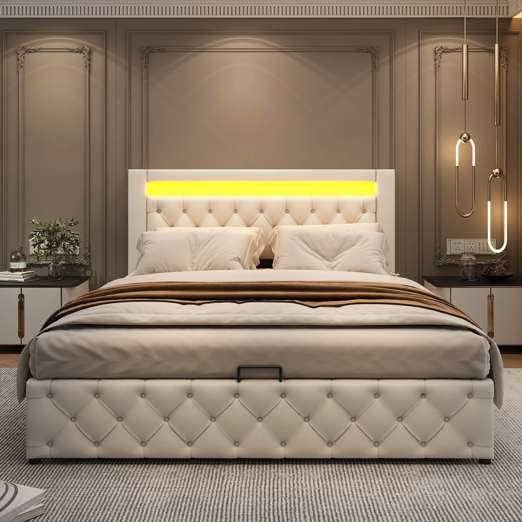 Upholstered Bed 140 x 190 cm with Hydraulic Storage and LED Lighting, White PU - Image 6