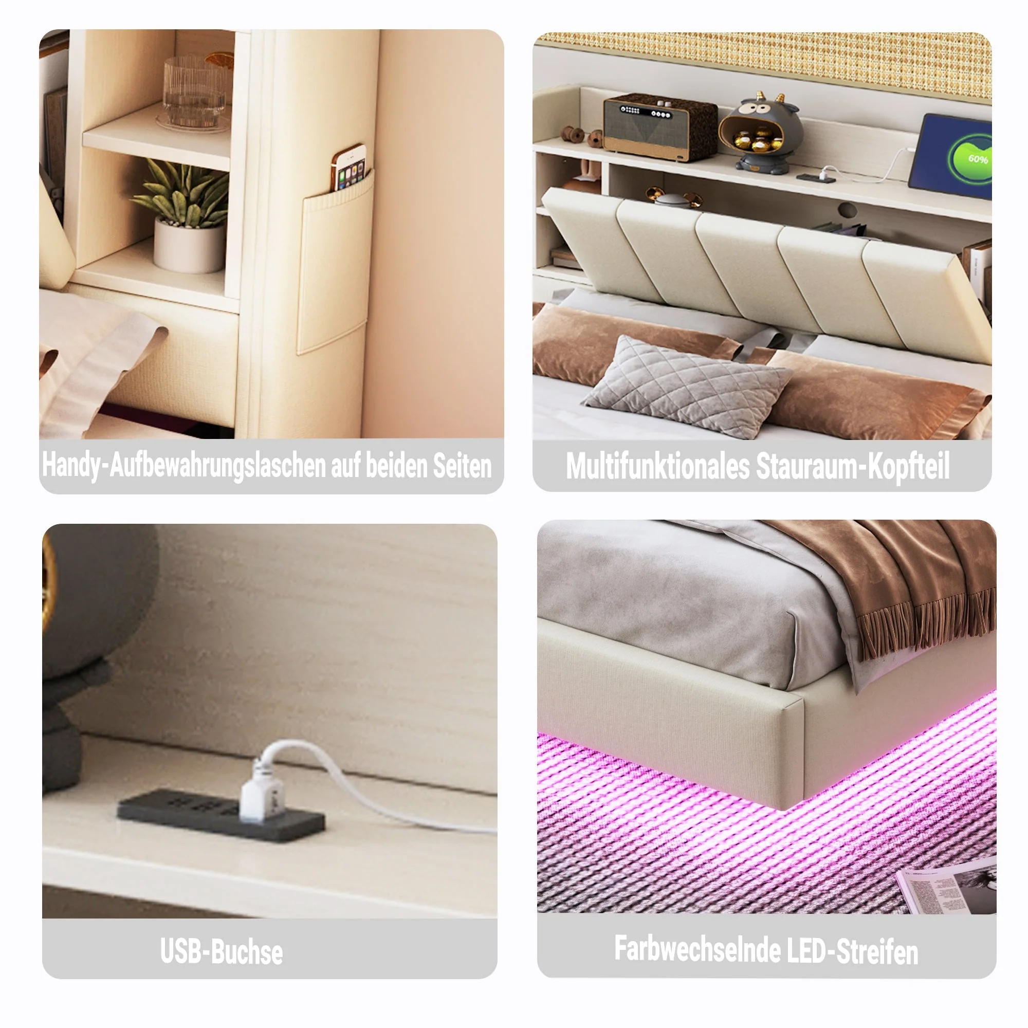 Upholstered Bed 140 x 200 cm, USB, Light Strip, Reversible Headboard, Storage, Metal Frame, Linen Fabric, Beige - Image 6