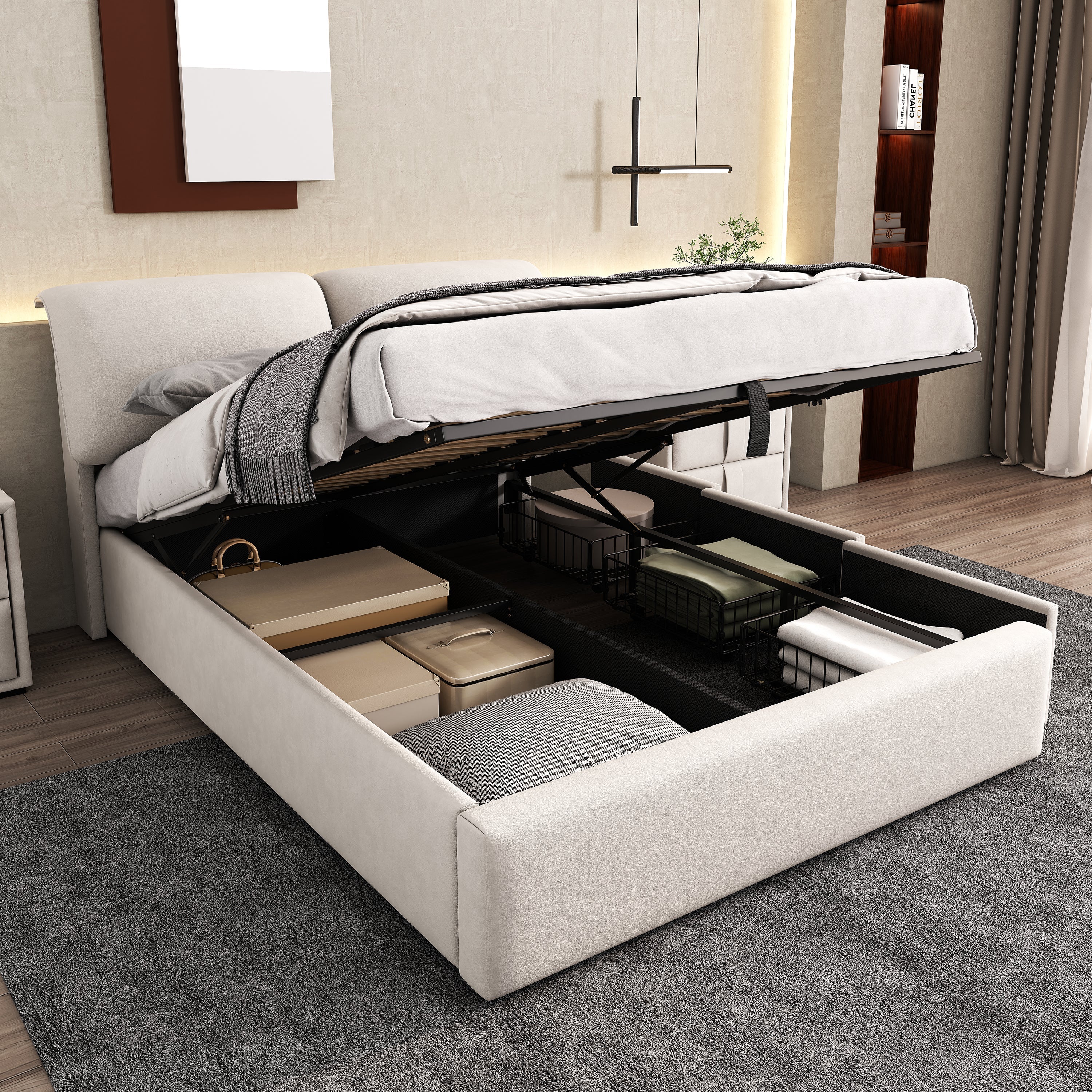 Upholstered Bed, 140x190, Hydraulic Base, 3 Drawers, Storage Chest, Slat Frame, Headboard, Velvet Beige - Image 4