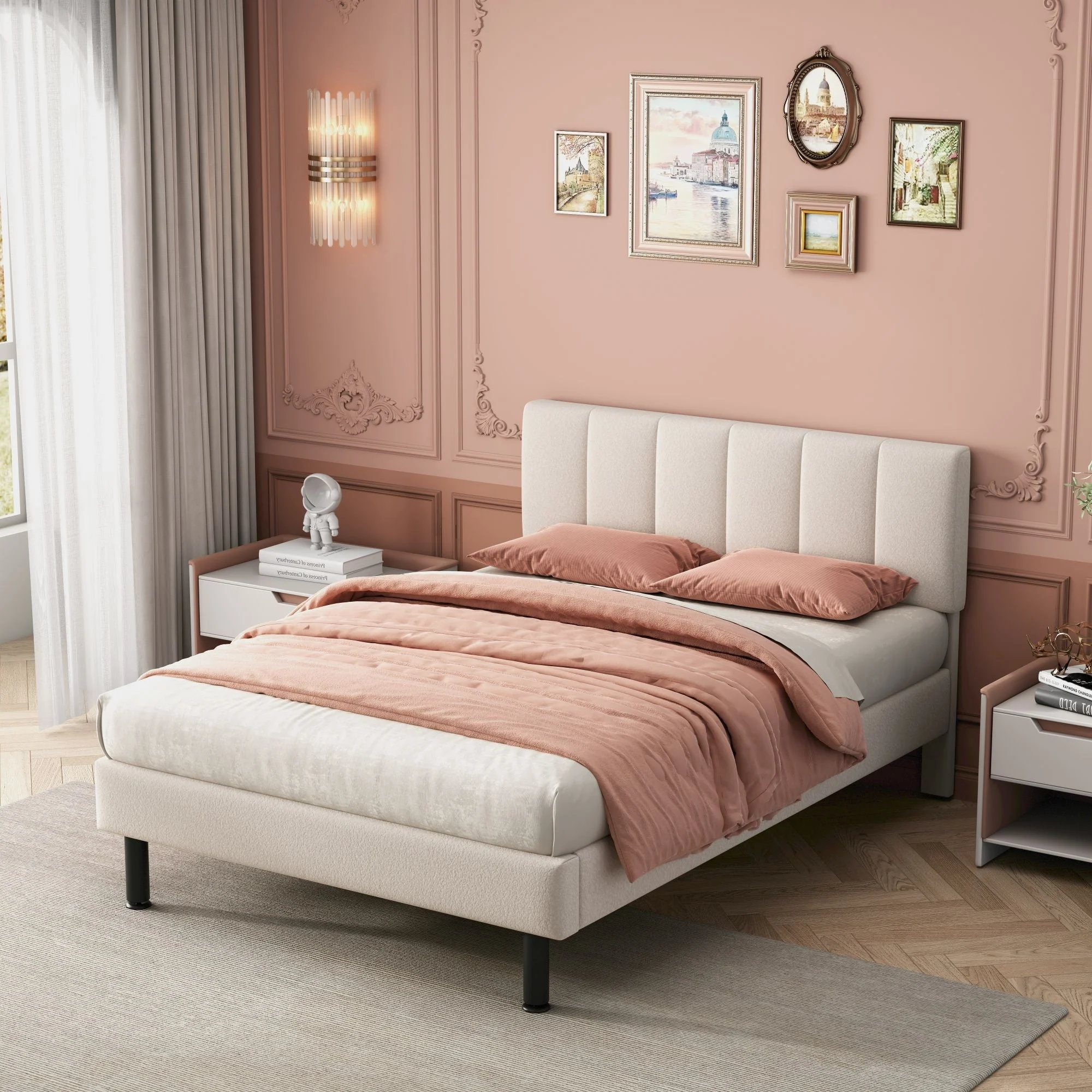 Upholstered Bed 140x190 Slatted Base Iron Legs Sherpa Fabric Beige - Image 4
