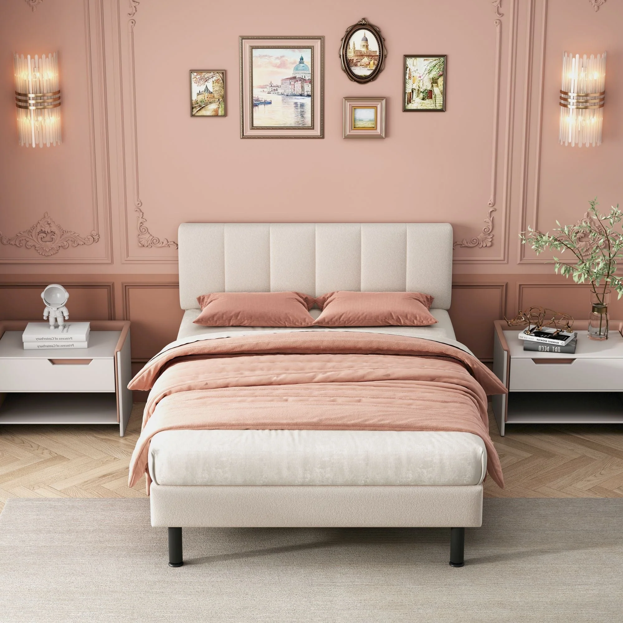 Upholstered Bed 140x190 Slatted Base Iron Legs Sherpa Fabric Beige - Image 5