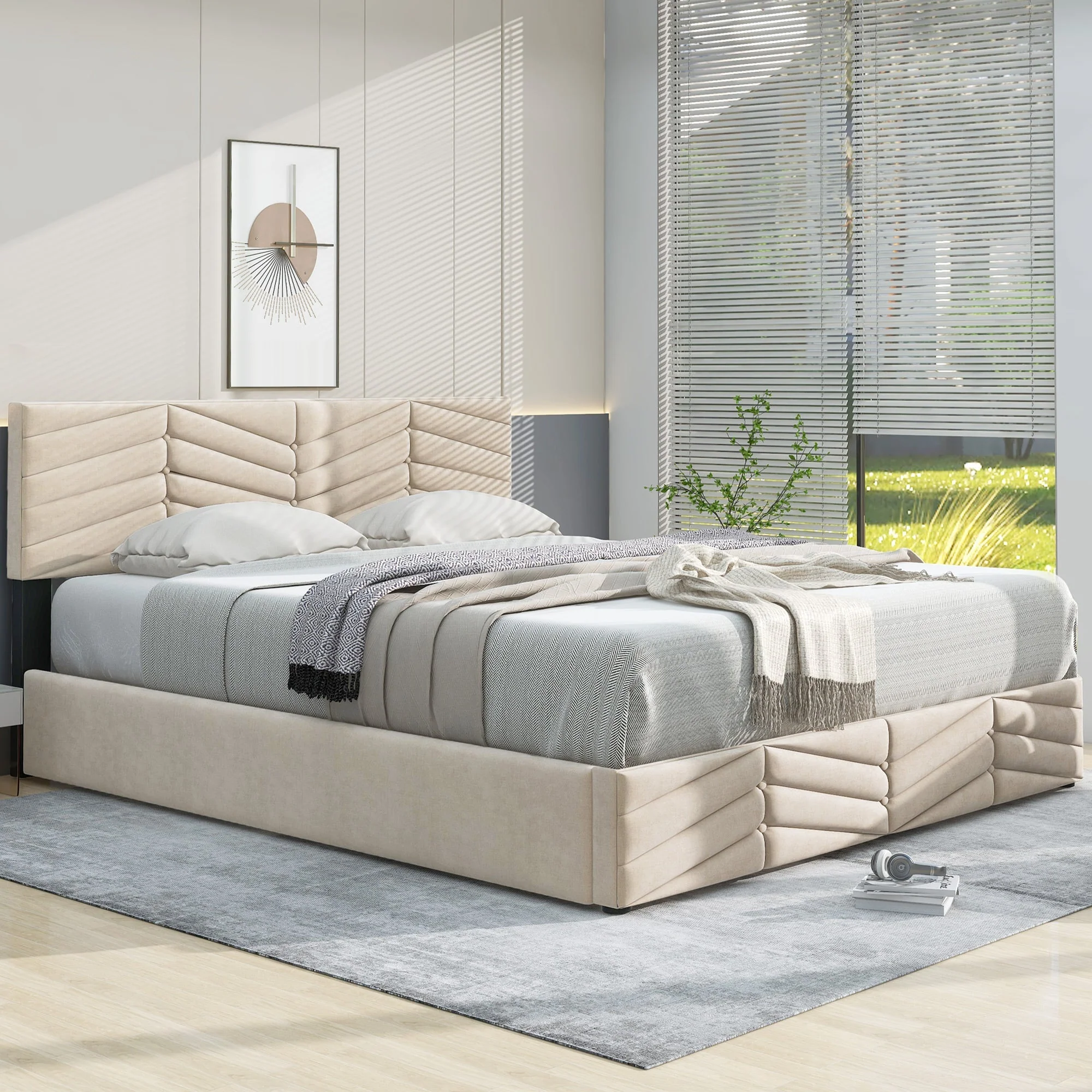 Upholstered Bed 140x190cm Adjustable Headboard Slatted Base - Dutch Velvet Beige - Image 3