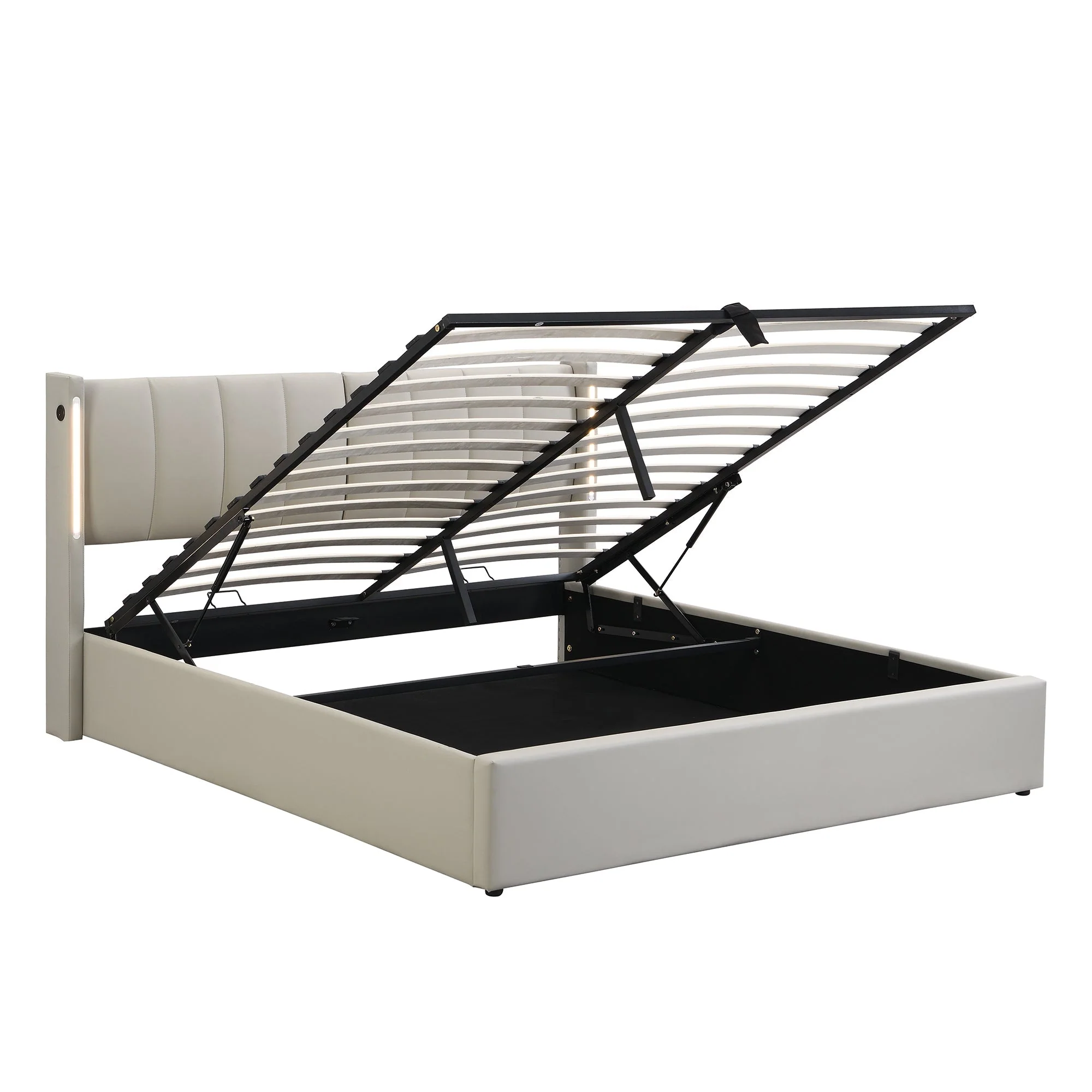 Upholstered Bed 140x190cm Hydraulic LED USB Storage Adjustable Headboard PU Gray - Image 10