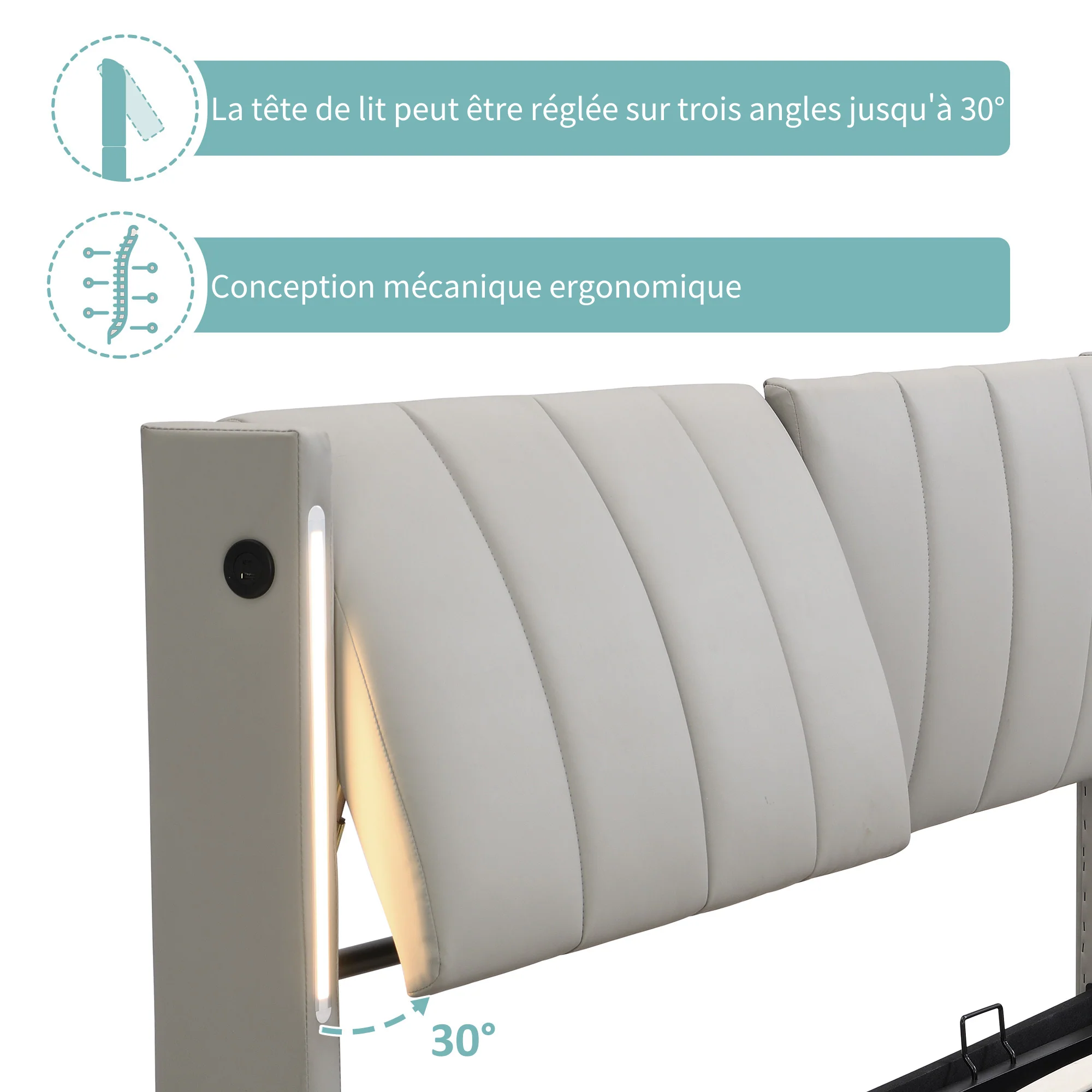 Upholstered Bed 140x190cm Hydraulic LED USB Storage Adjustable Headboard PU Gray - Image 6