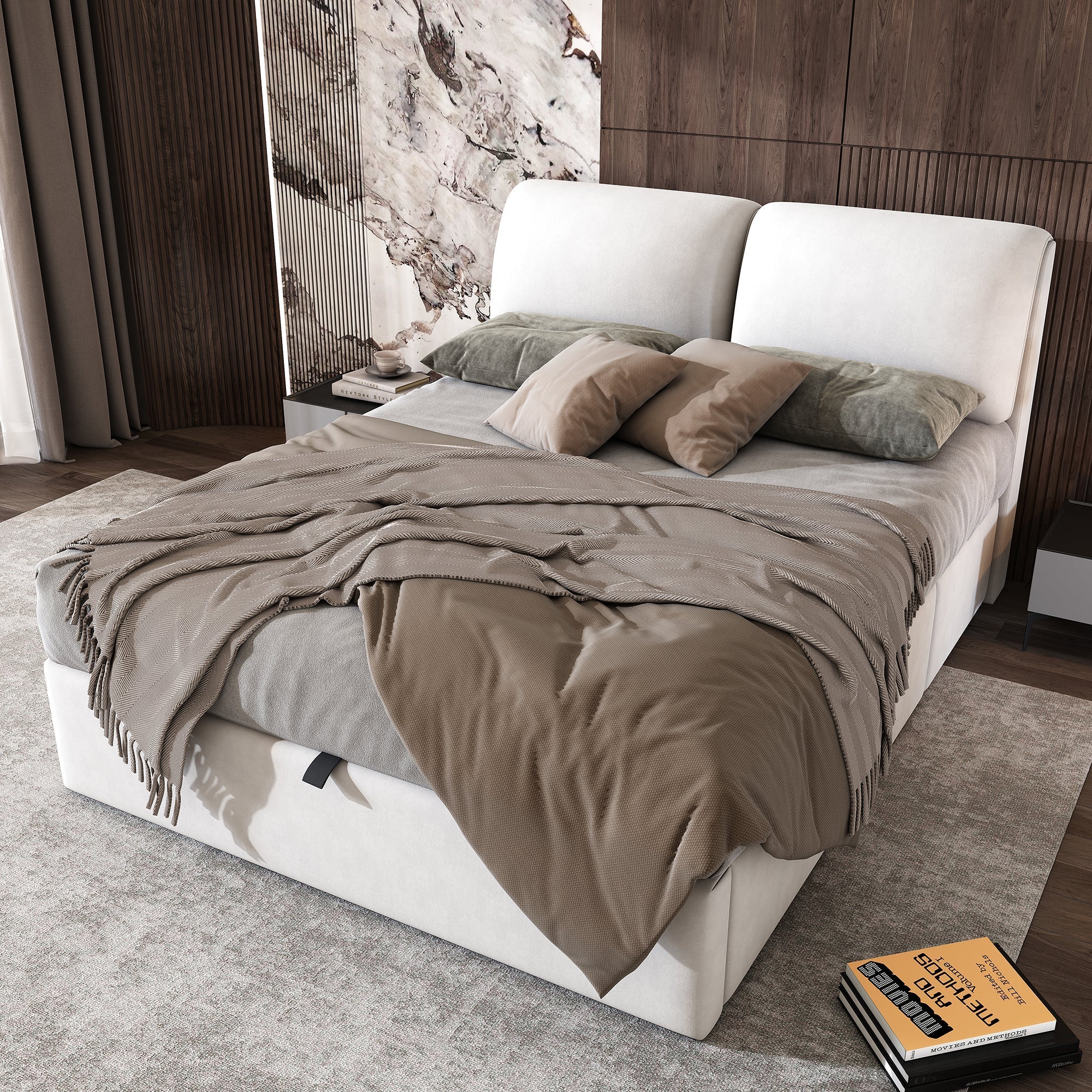 Upholstered Bed 140x190cm Hydraulic Storage 3 Drawers Velvet Beige - Image 2