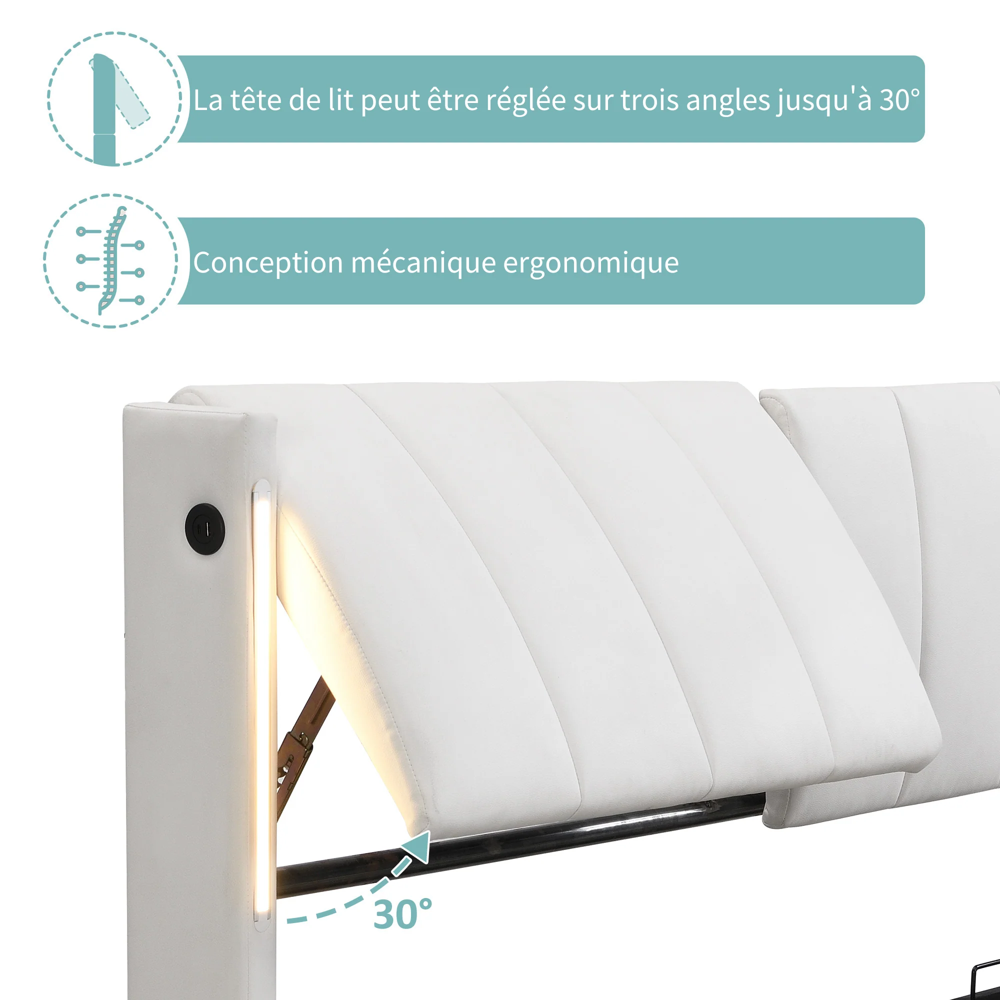 Upholstered Bed 140x190cm Hydraulic Storage Adjustable Headboard LED USB White Faux Leather - Image 6