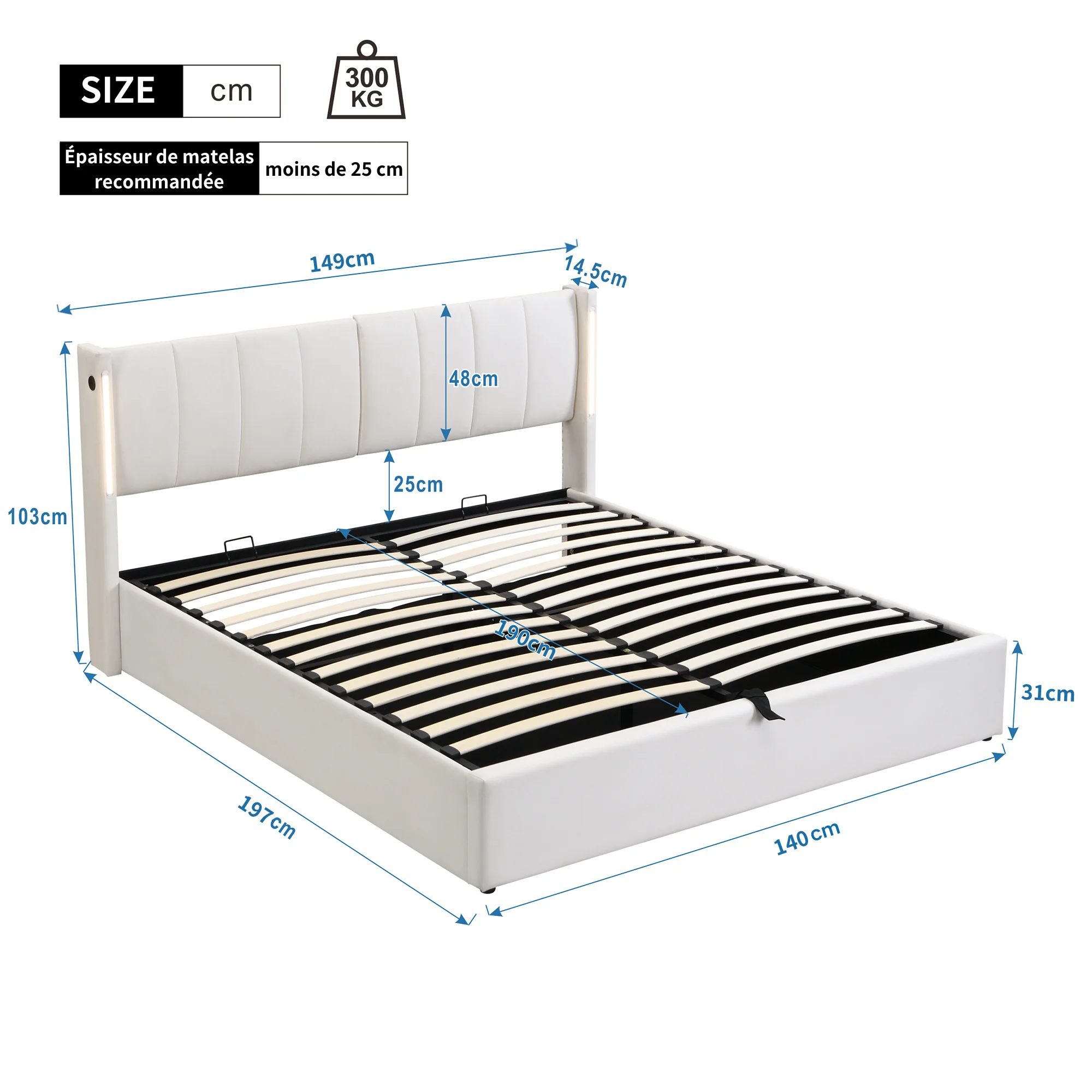 Upholstered Bed 140x190cm Hydraulic Storage Adjustable Headboard LED USB White Faux Leather - Image 8