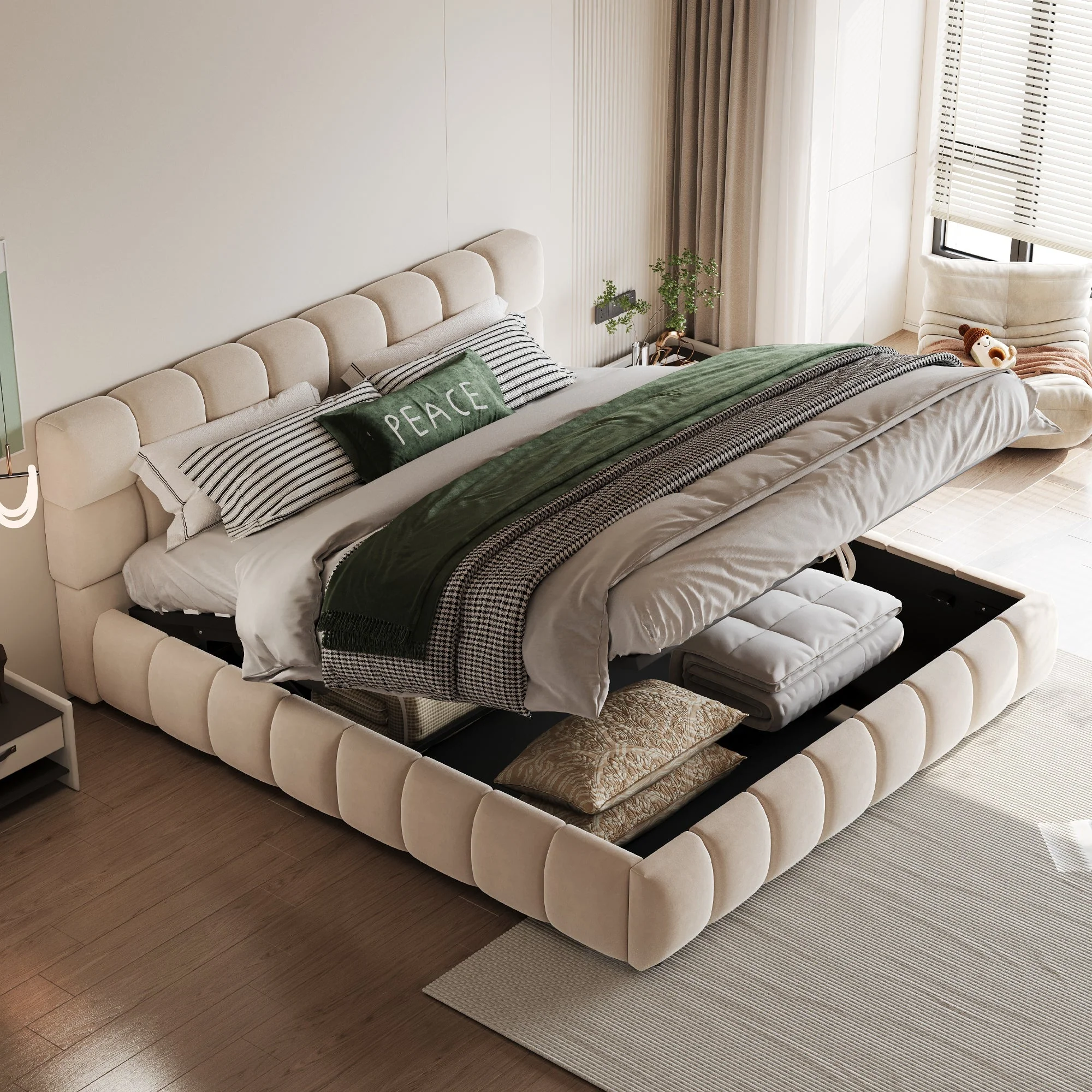 Upholstered Bed 140x190cm Hydraulic Storage Double, Velvet Beige