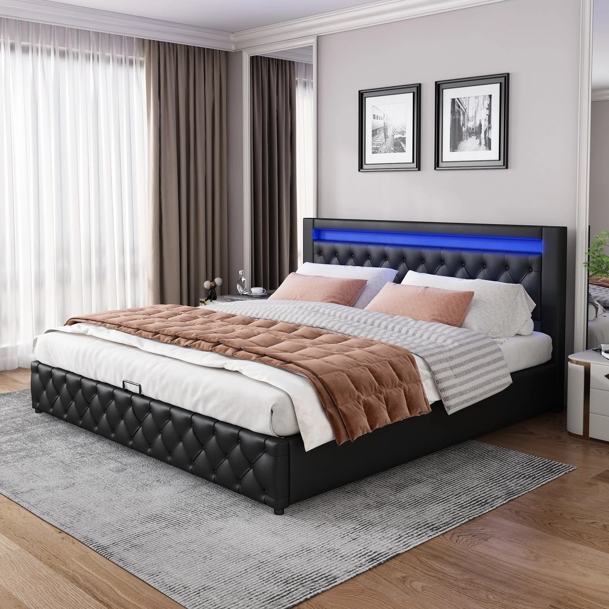Upholstered Bed 140x190cm Hydraulic Storage Slatted Base LED Light Black PU - Image 2