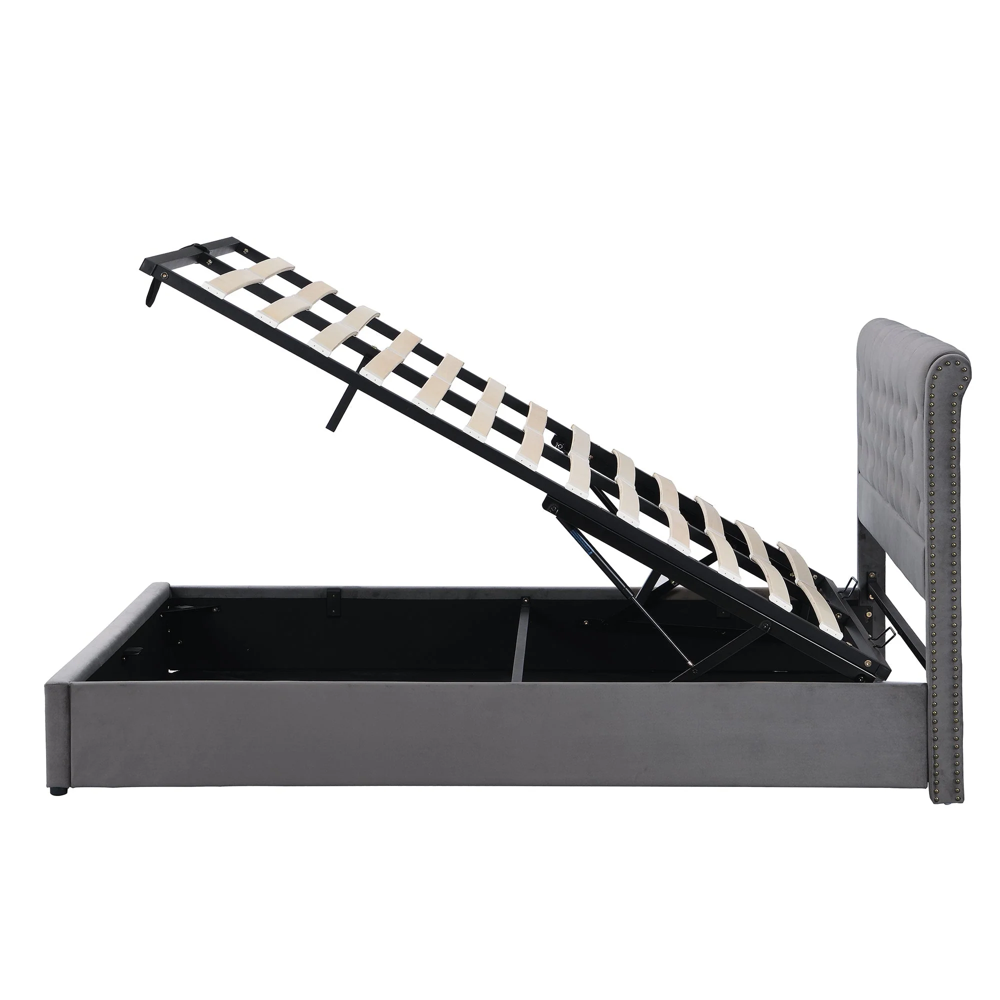 Upholstered Bed 140x190cm Hydraulic Storage Studded - Velvet Grey - Image 6