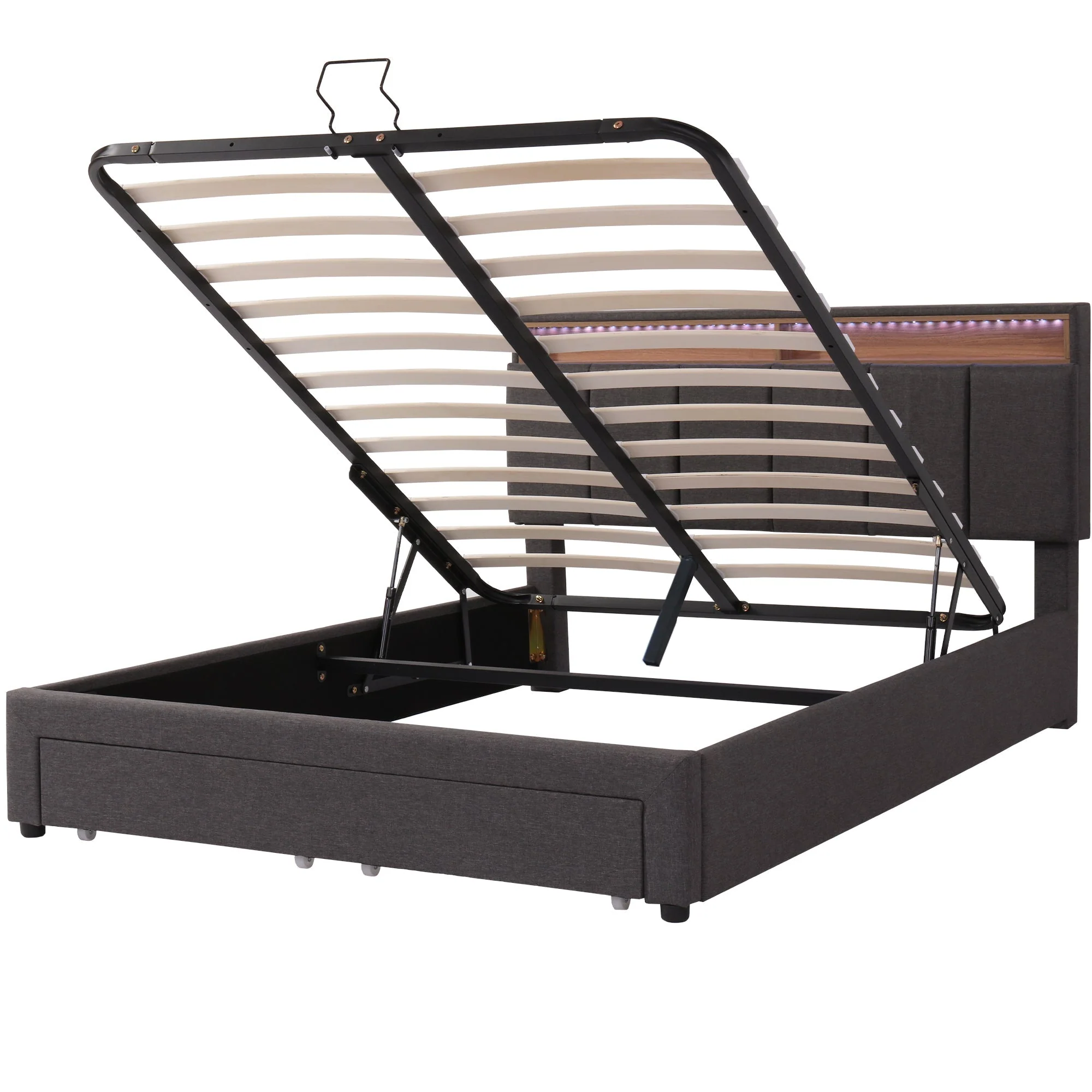 Upholstered Bed 140x190cm LED Hydraulic Storage Drawers - Grey Linen - Image 10