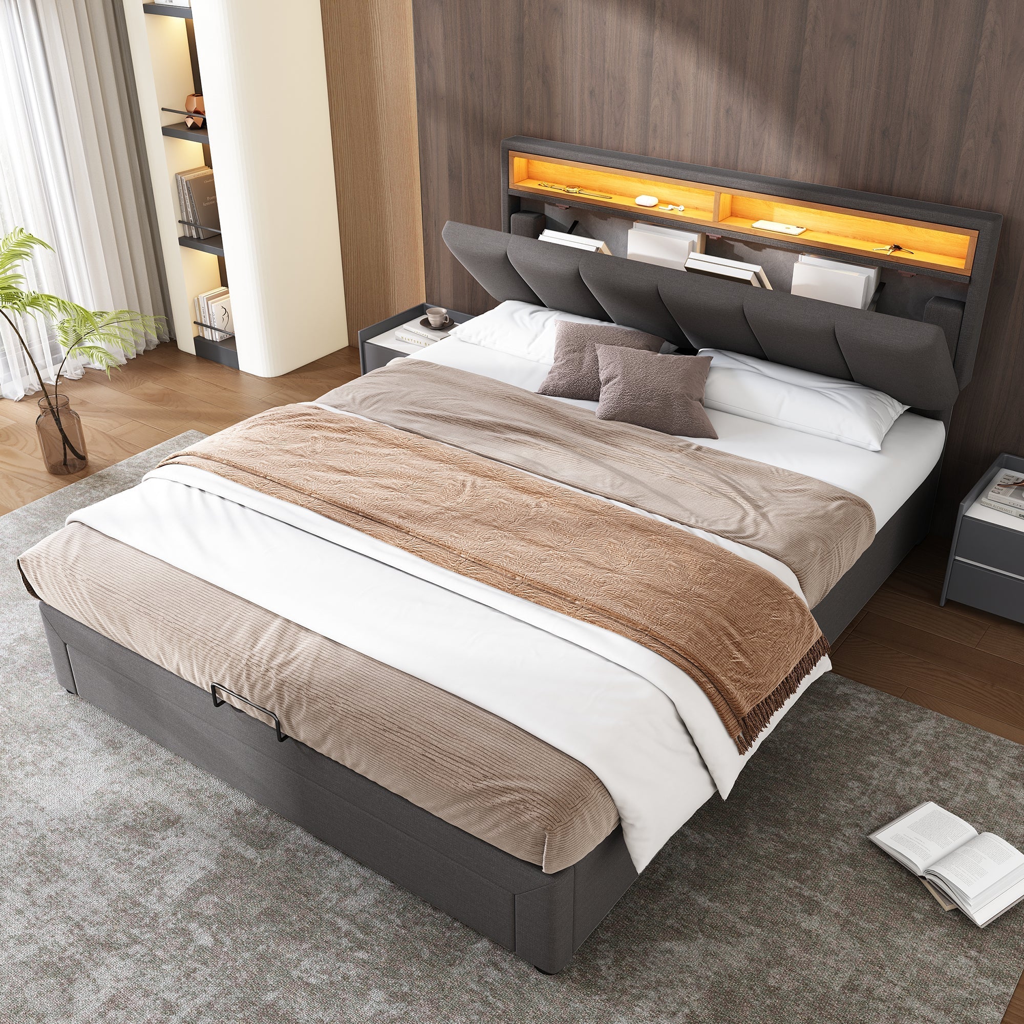 Upholstered Bed 140x190cm LED Hydraulic Storage Drawers - Grey Linen - Image 3