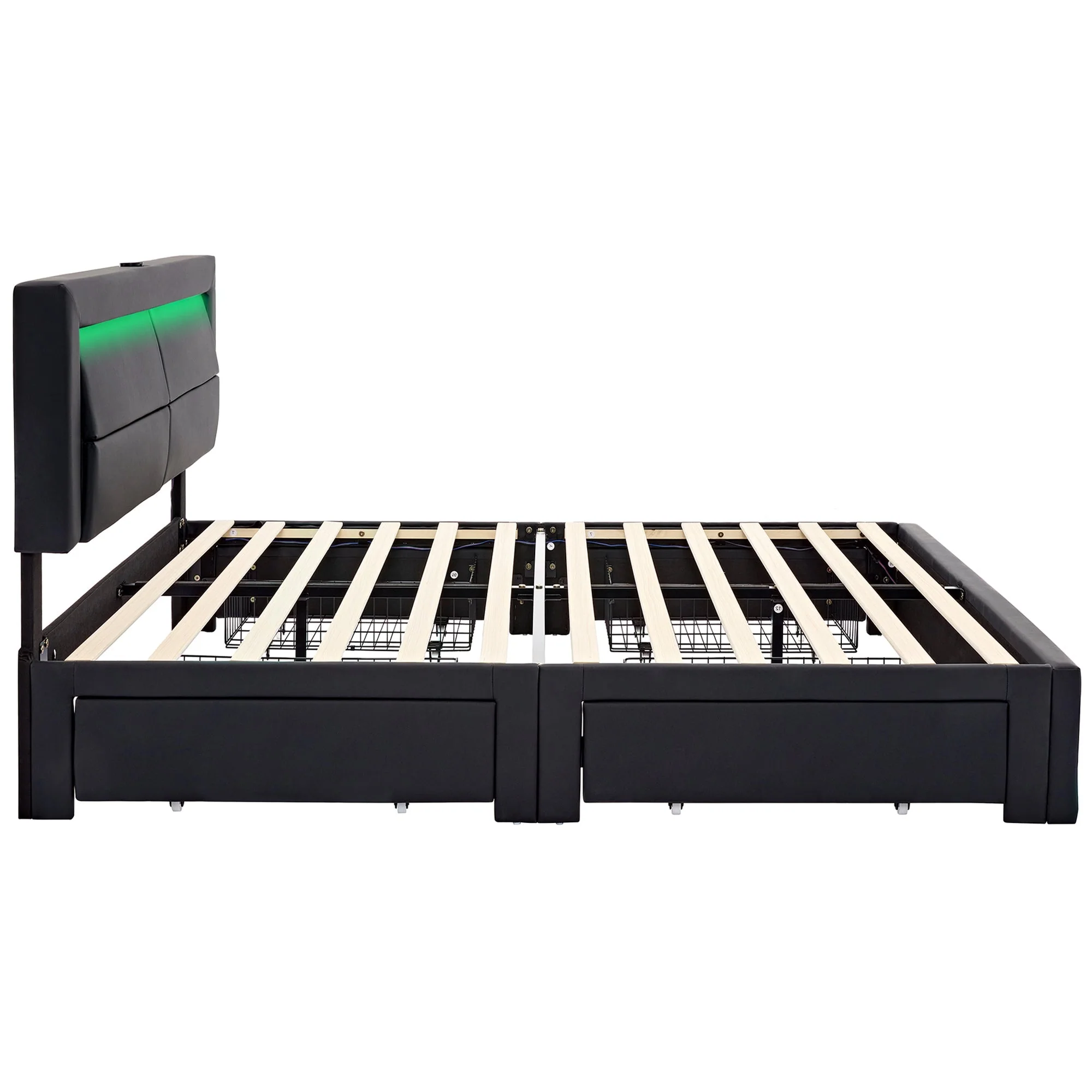 Upholstered Bed 140x190cm LED Light USB Charging 4 Storage Drawers Lychee PU Black - Image 10