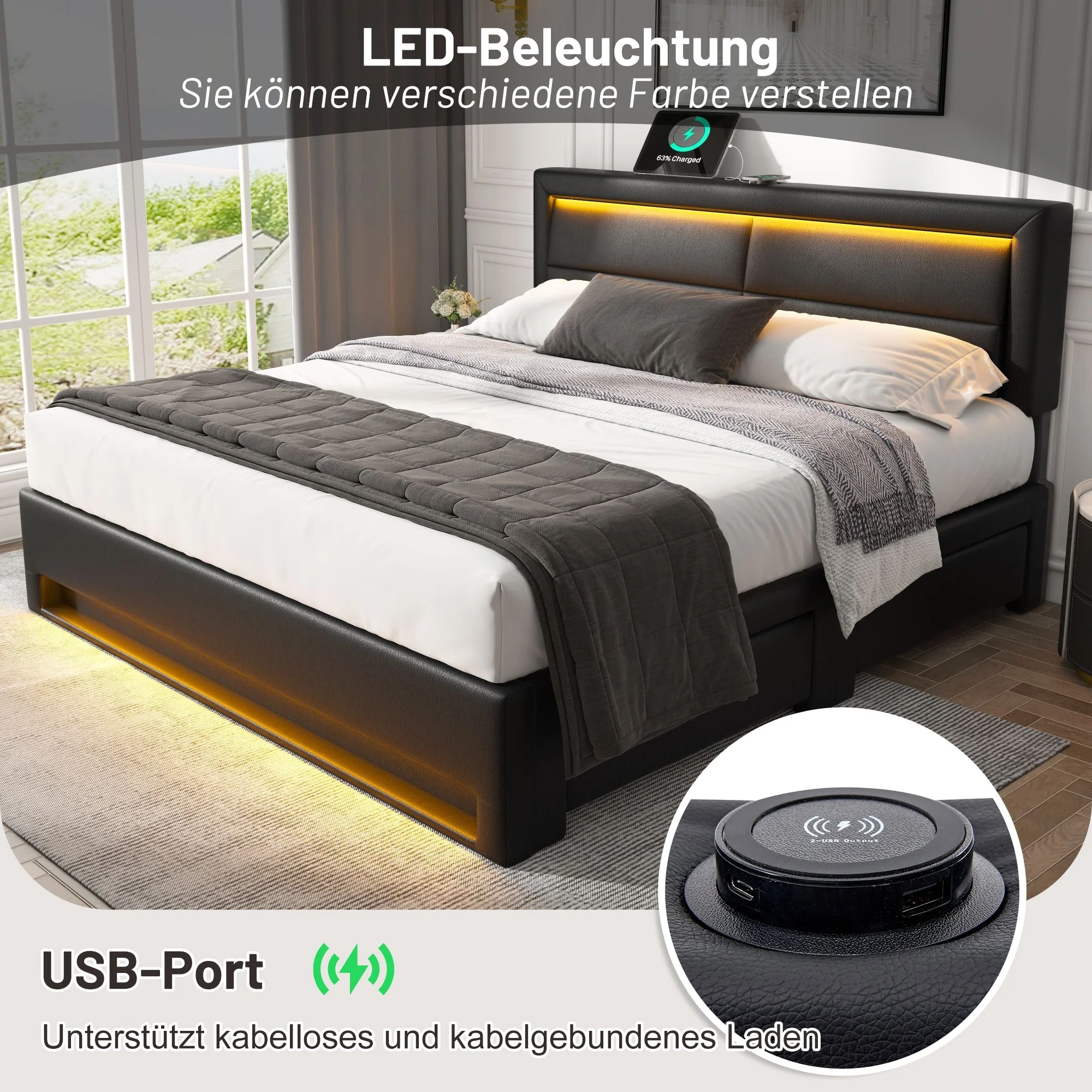 Upholstered Bed 140x190cm LED Light USB Charging 4 Storage Drawers Lychee PU Black - Image 5