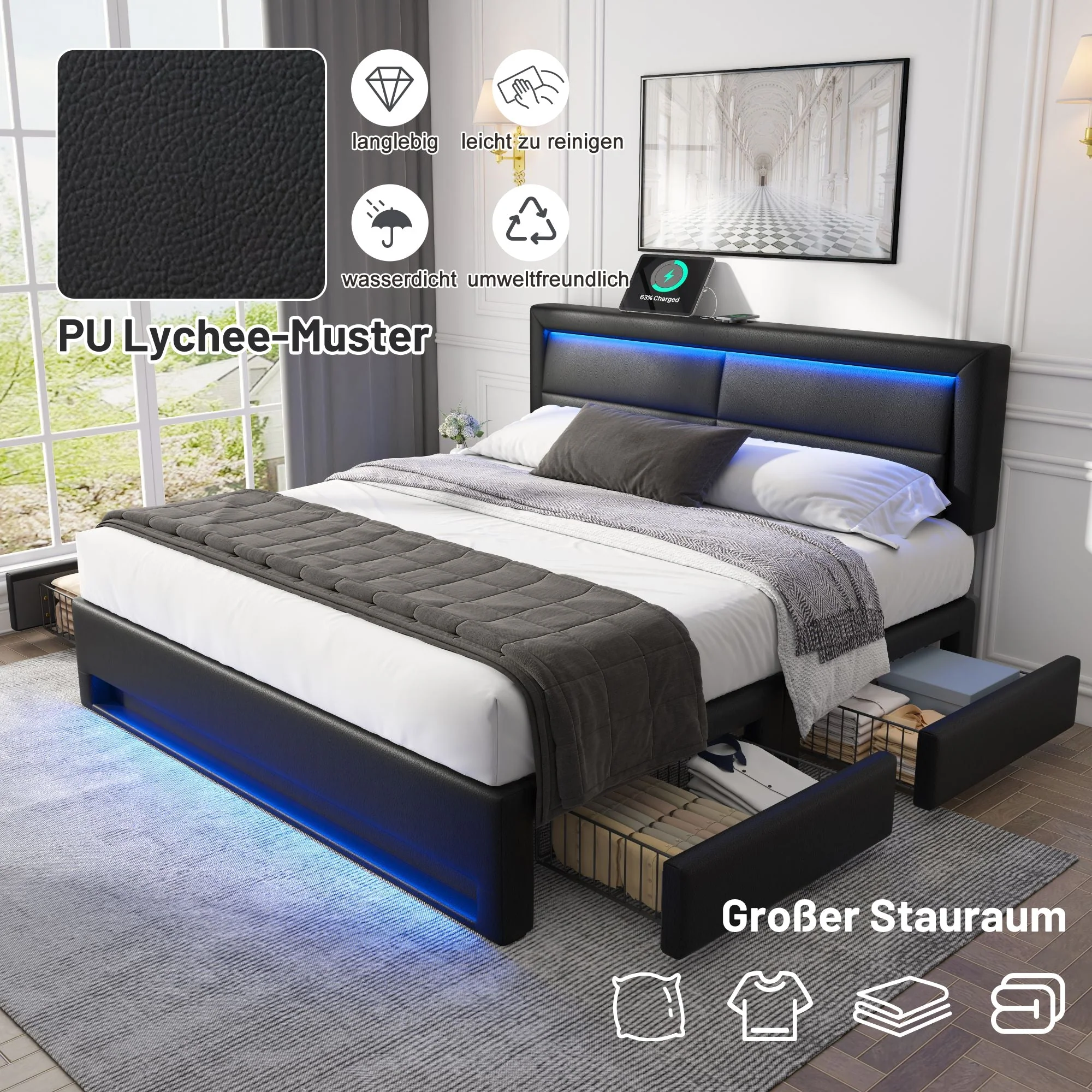 Upholstered Bed 140x190cm LED Light USB Charging 4 Storage Drawers Lychee PU Black - Image 6