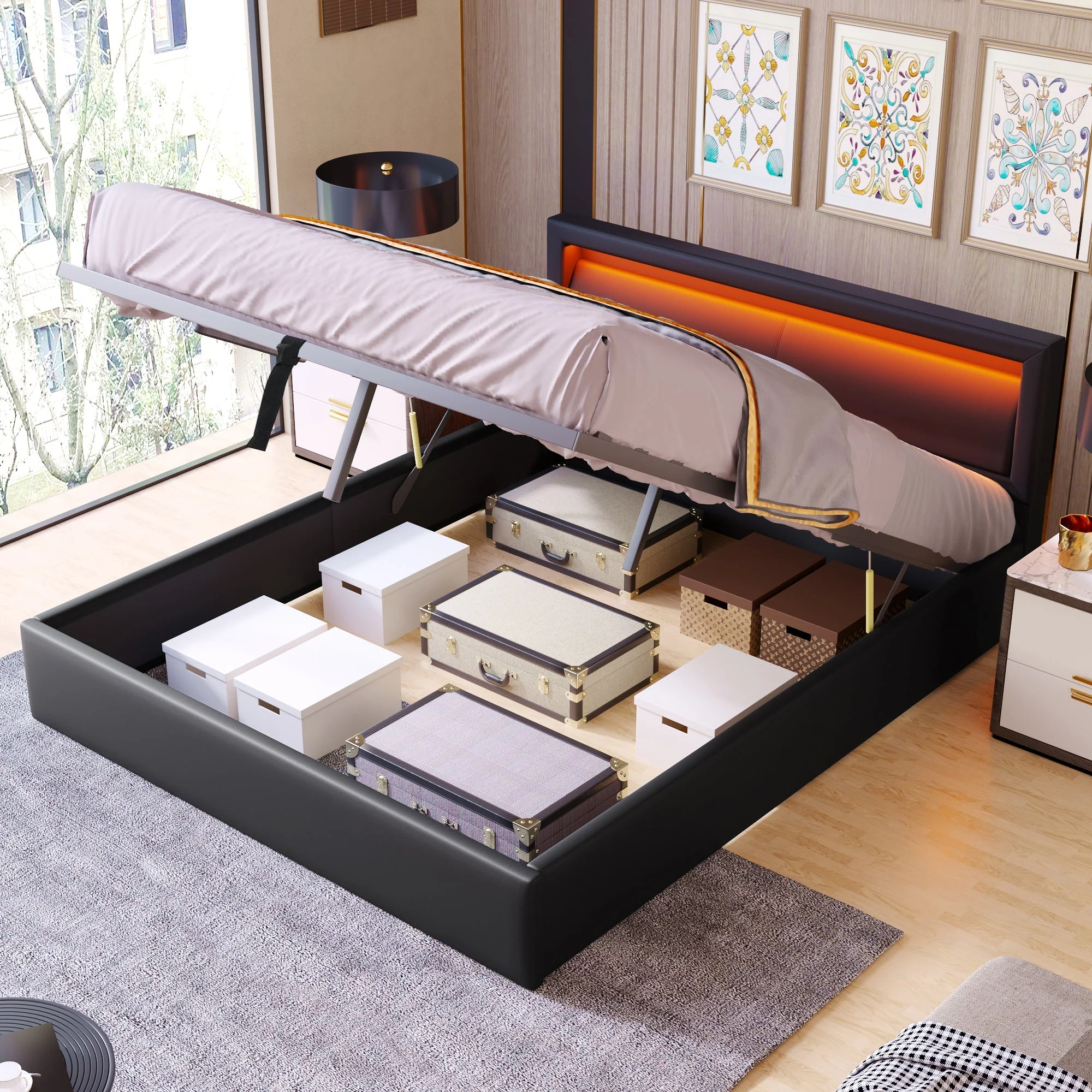 Upholstered Bed 140x190cm LED Storage Slatted Frame Multi-Color Headboard - Black Faux Leather