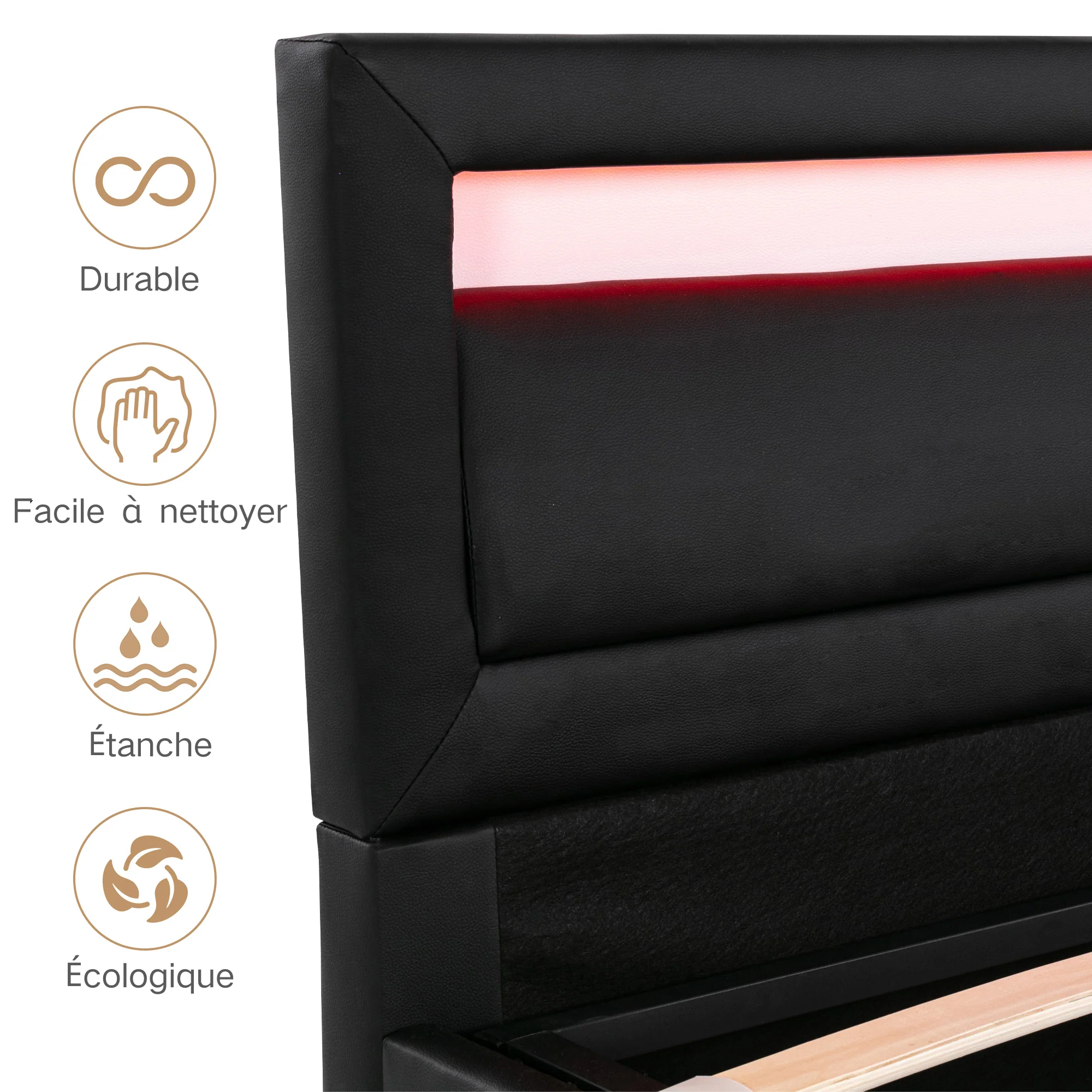 Upholstered Bed 140x190cm LED Storage Slatted Frame Multi-Color Headboard - Black Faux Leather - Image 8