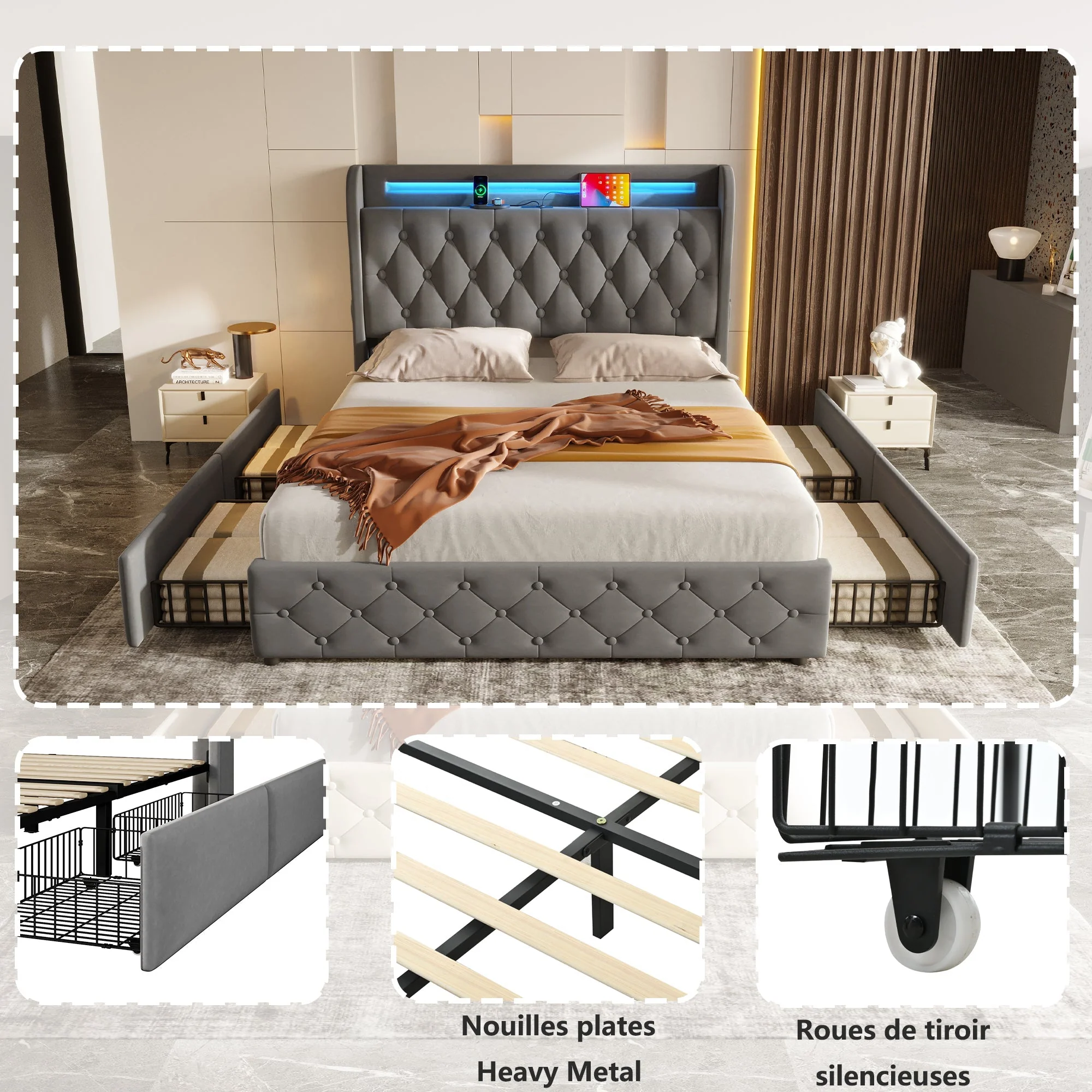 Upholstered Bed 140x190cm LED USB Storage Headboard 4 Drawers - Velvet - Image 3