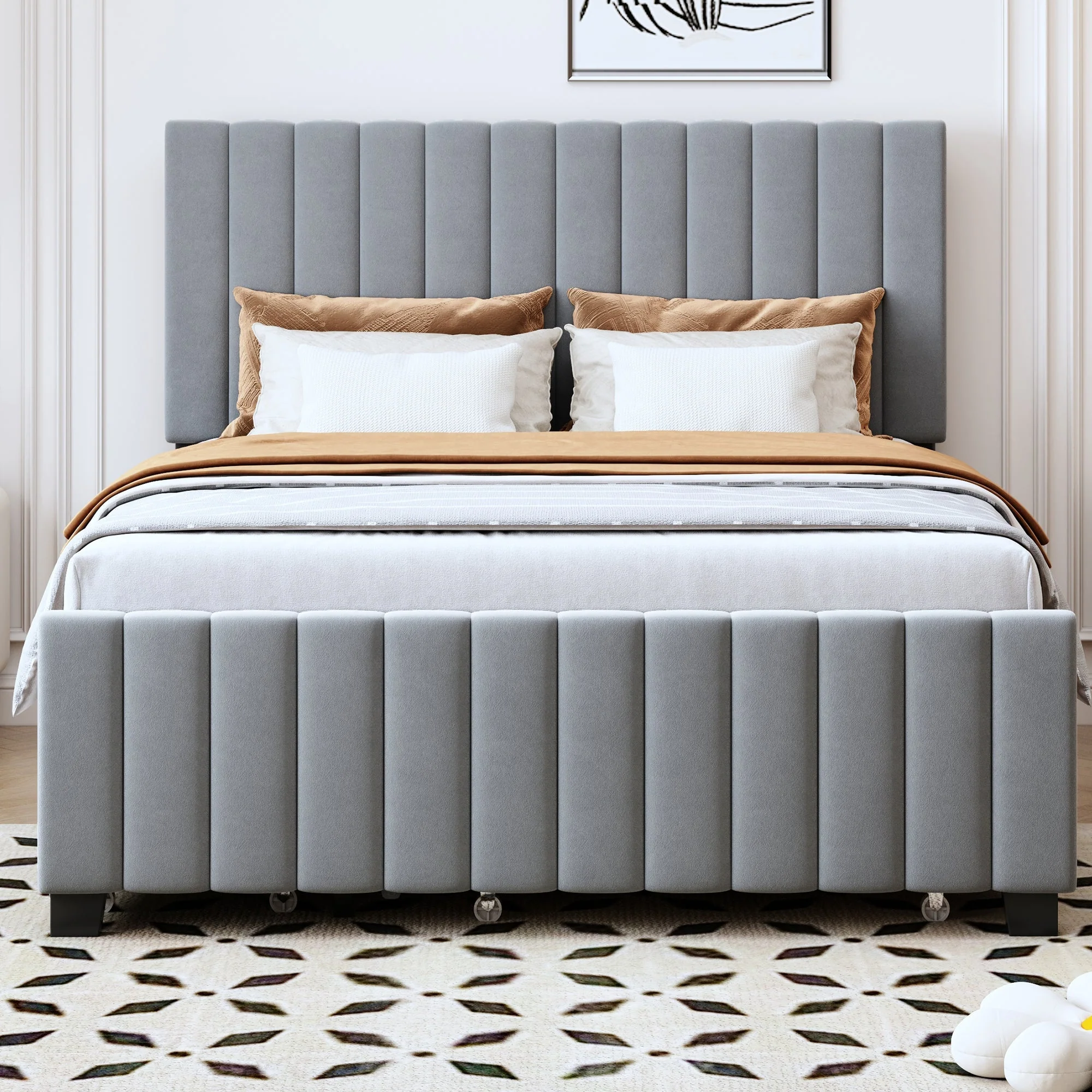Upholstered Bed 140x190cm, Pull-Out & 2 Drawers, Velvet, Grey - Image 3
