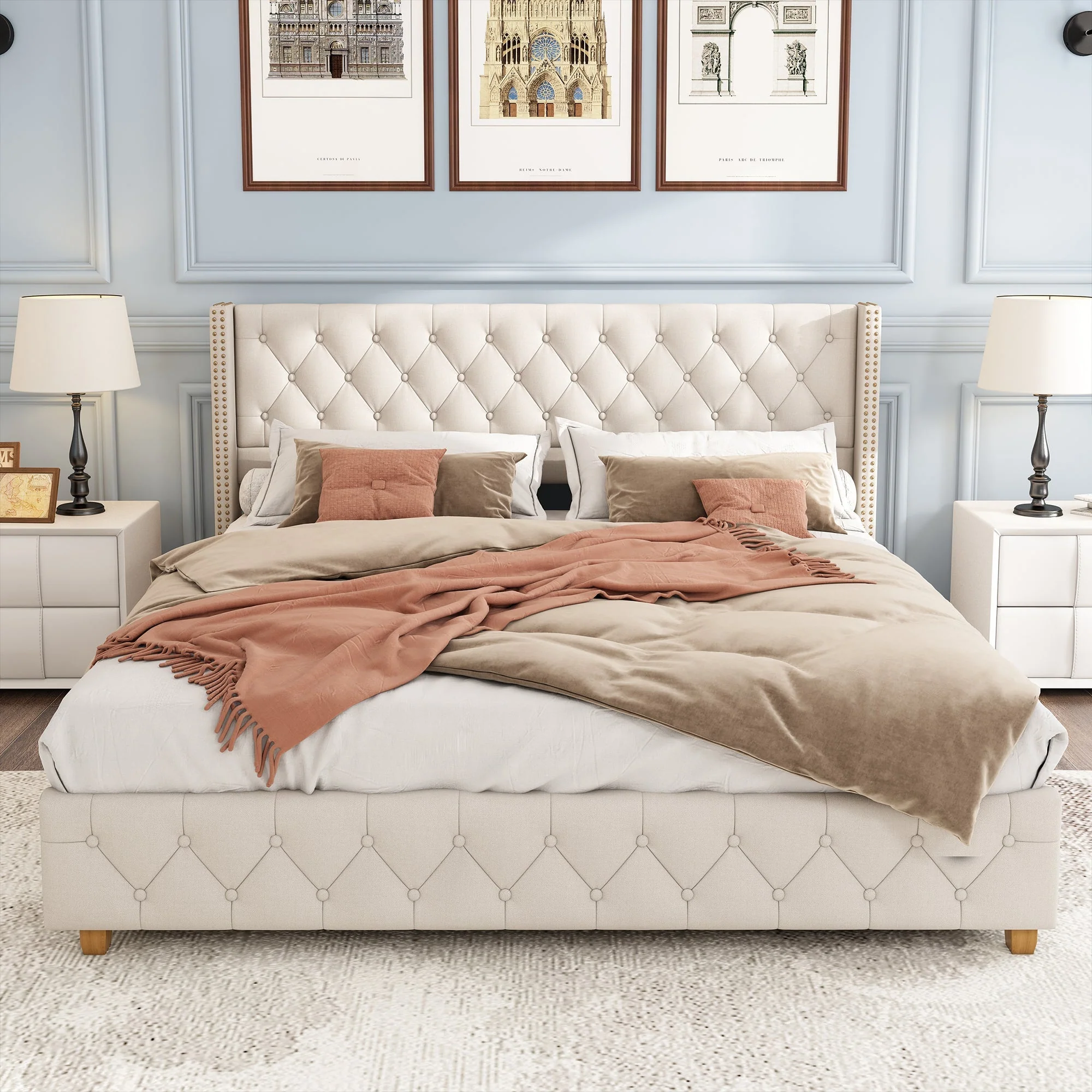Upholstered Bed 140x190cm Slatted Base Headboard Button & Rivet Trim - Linen Beige - Image 5