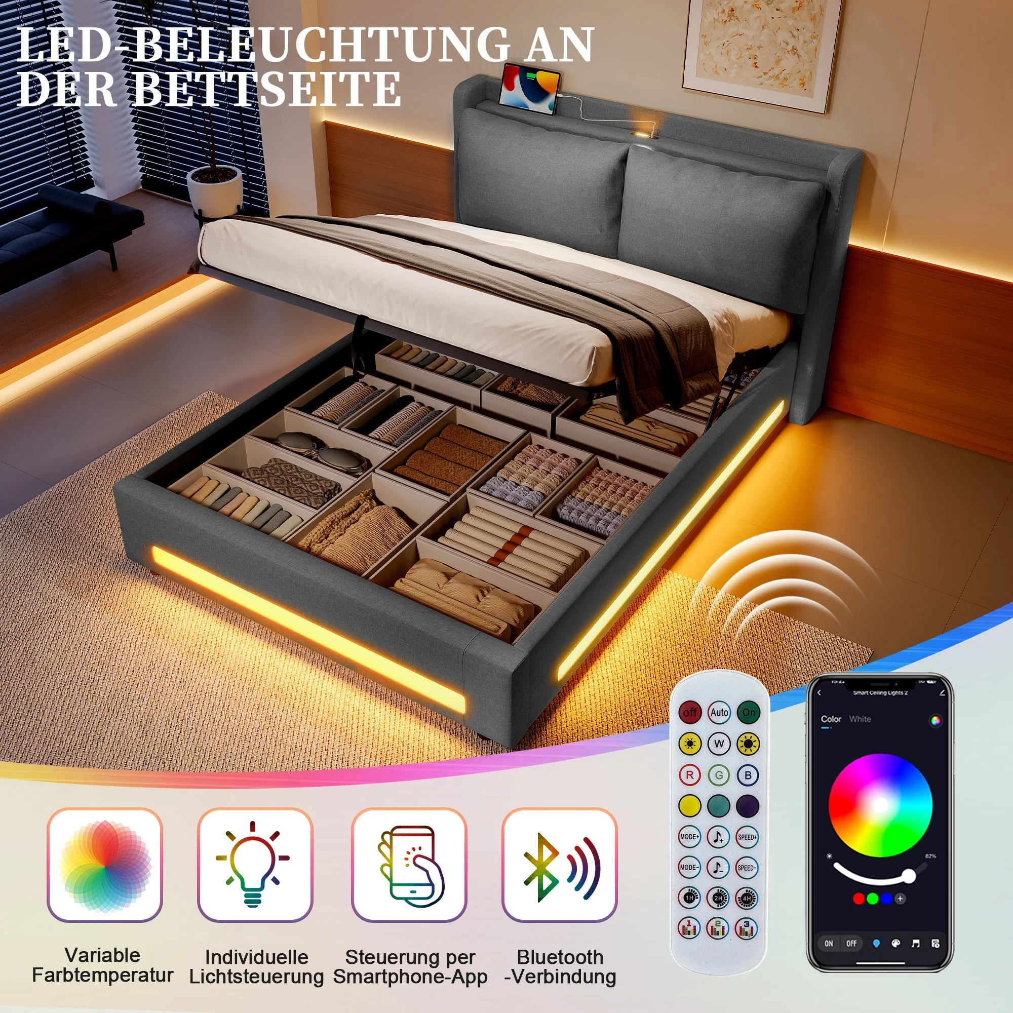 Upholstered Bed 140x190cm Storage LED USB-C Stylish Headboard - Modern - Image 6