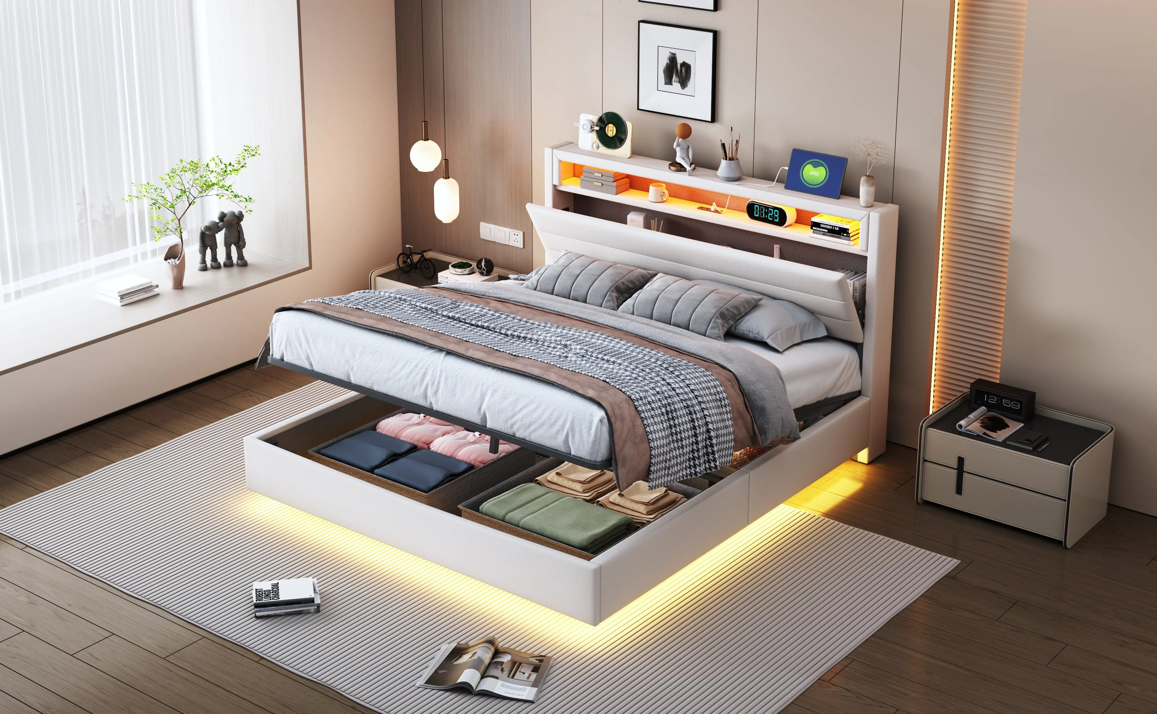 Upholstered Bed 140x200 cm with Hydraulic Storage, USB & LED Light, Reversible Headboard, Linen Beige - Image 9