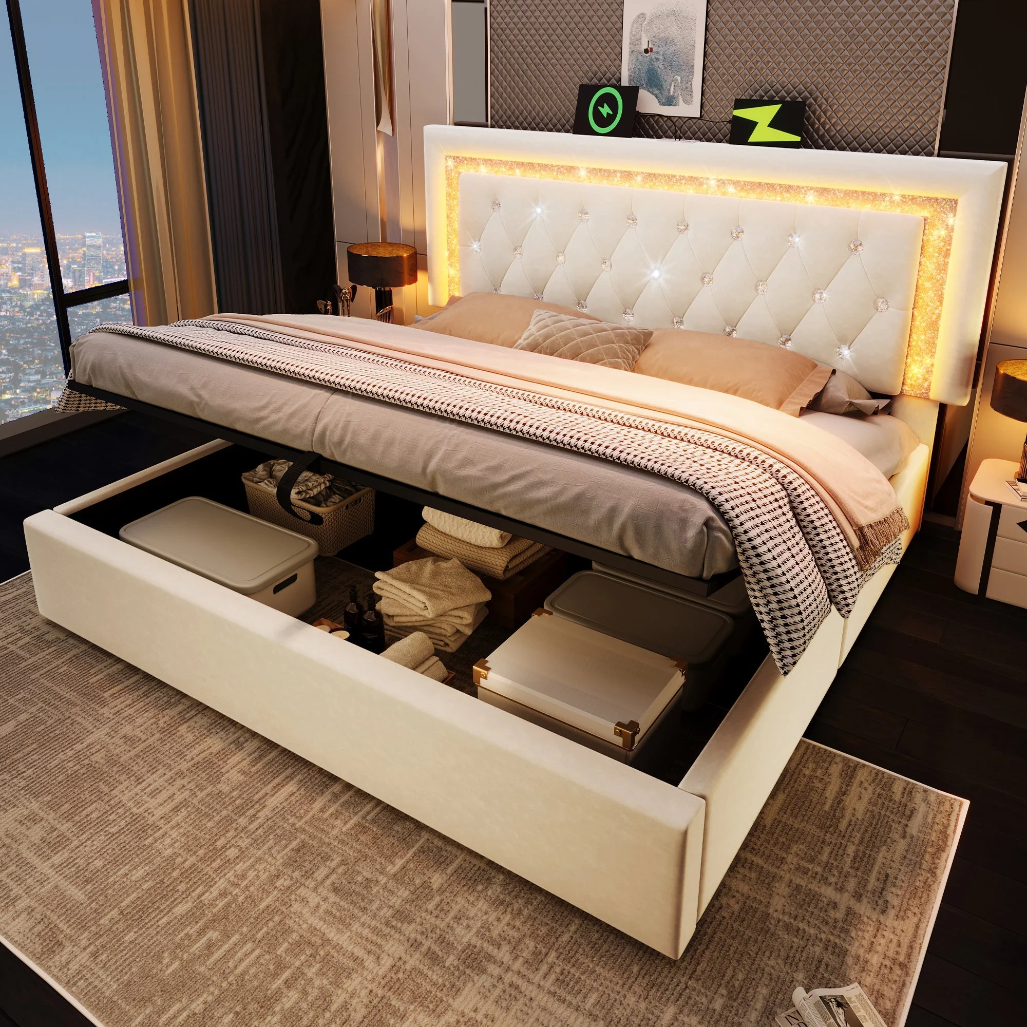 Upholstered Bed 140x200 cm with LED Strip, USB Charging Station and Hydraulic Storage, Beige Velvet