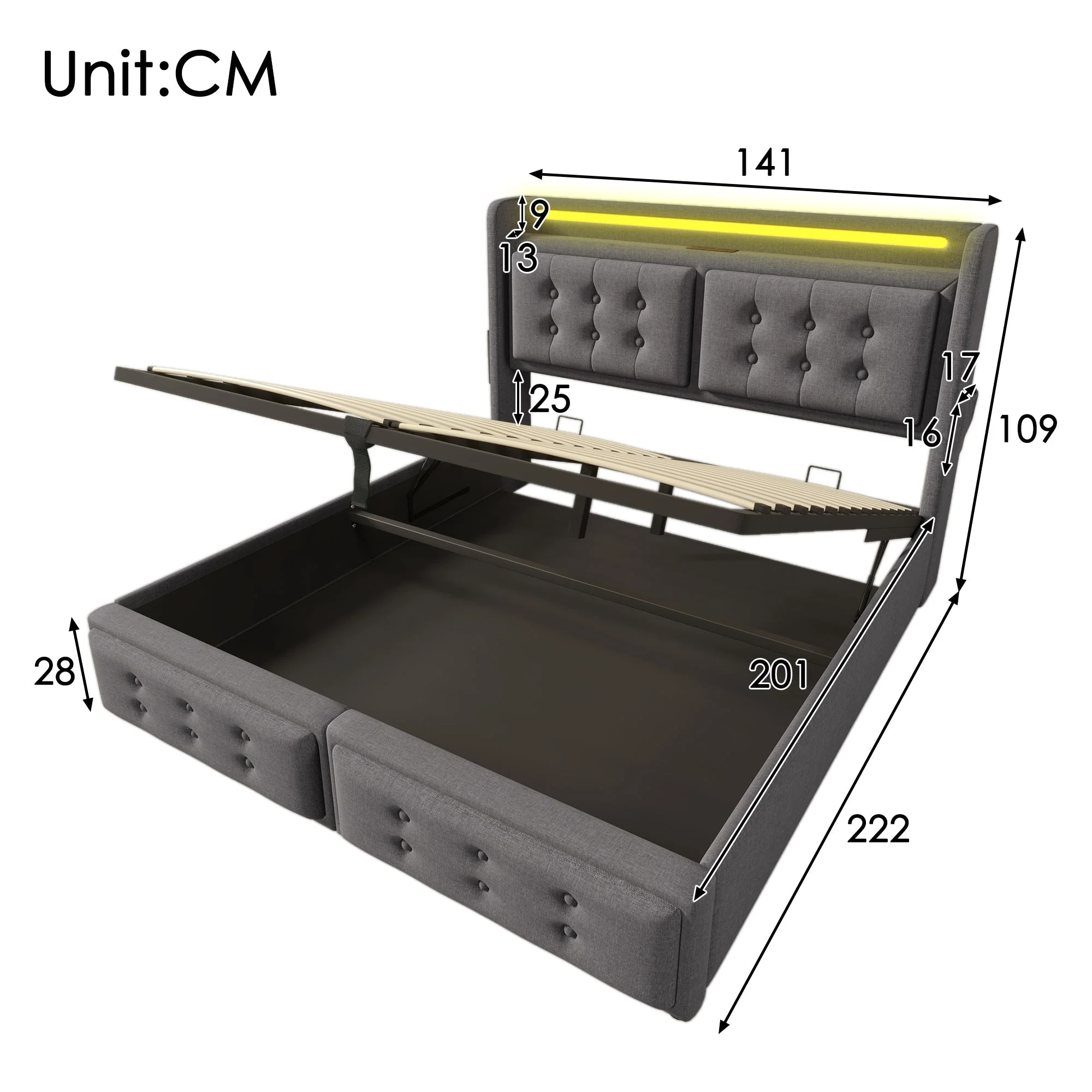 Upholstered Bed 140x200 Double LED Headboard USB C Hydraulic Storage, Grey Cotton - Image 2