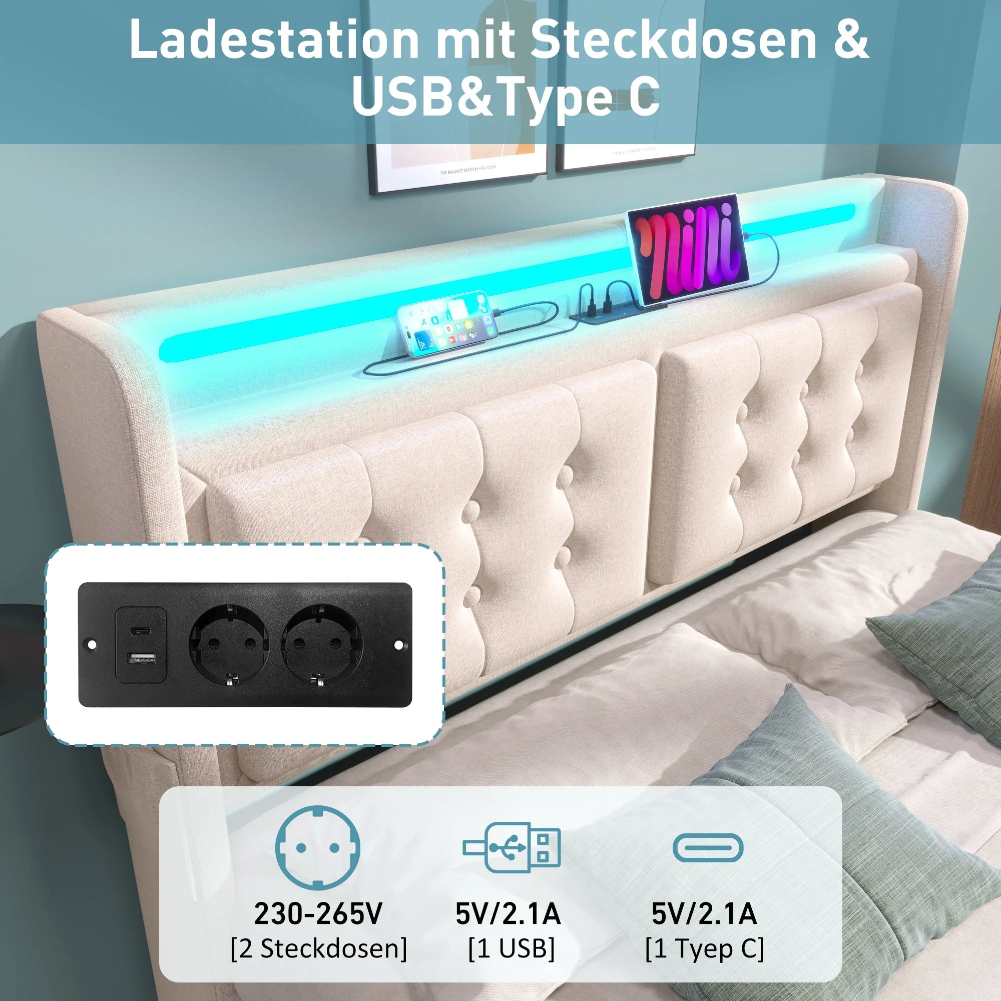 Upholstered Bed 140x200 Double LED Headboard USB Hydraulic Storage, Beige Cotton (with Mattress) - Image 4