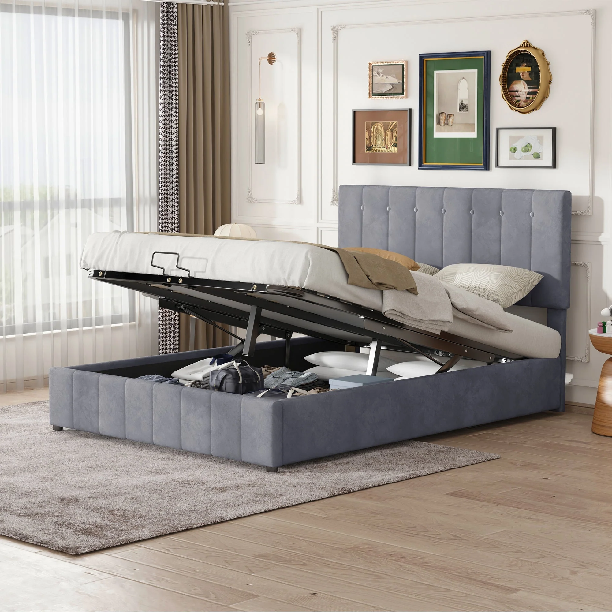 Upholstered Bed, 140x200 Double with Hydraulic Storage & Adjustable Headboard, Velvet Gray - Image 5