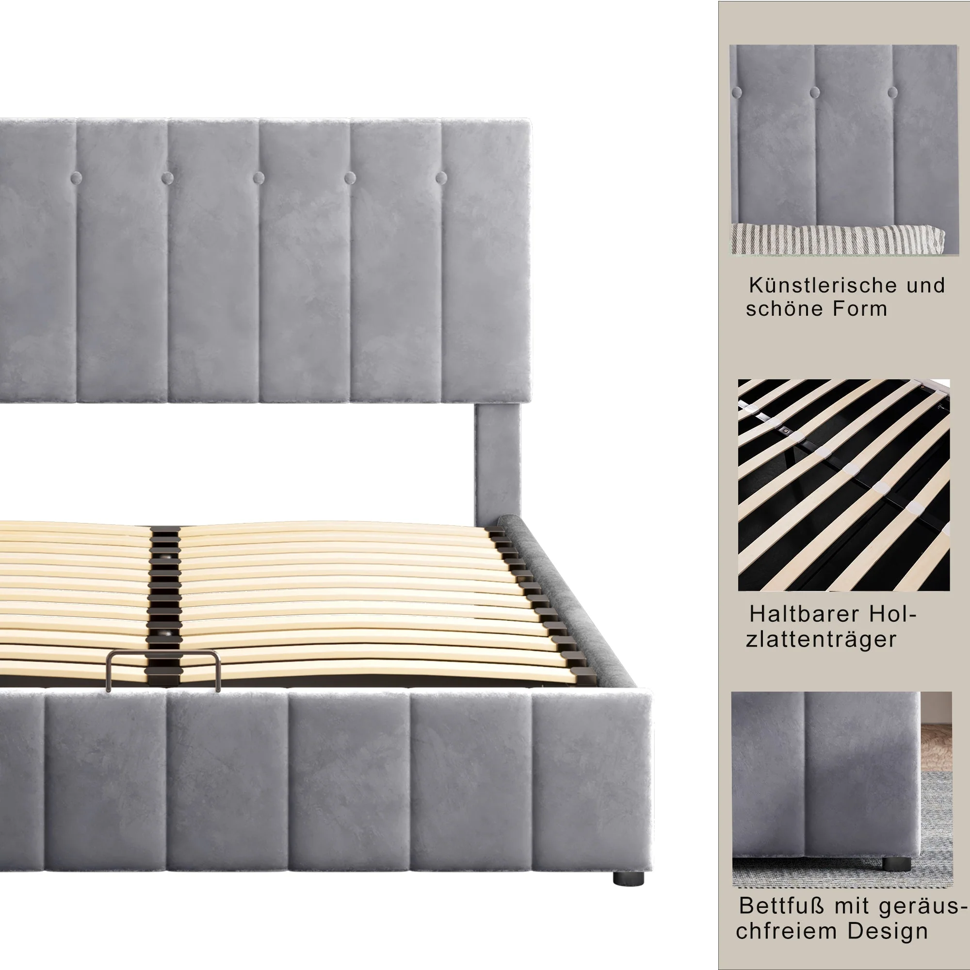 Upholstered Bed, 140x200 Double with Hydraulic Storage & Adjustable Headboard, Velvet Gray - Image 7