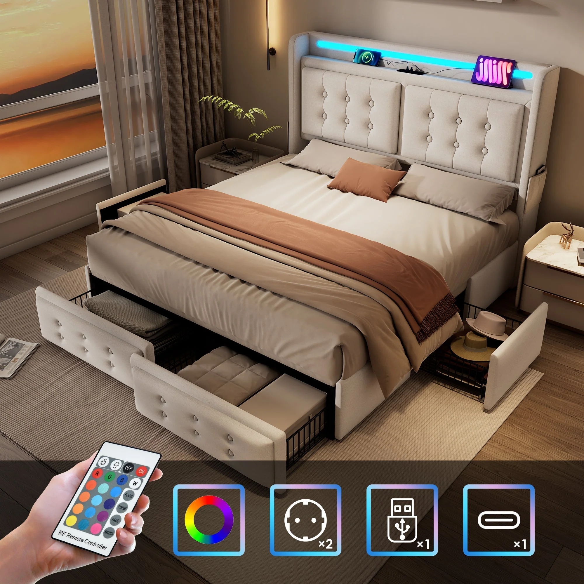 Upholstered Bed 140x200, Double with LED Headboard, USB-C & 4 Drawers, Beige Cotton - Image 2