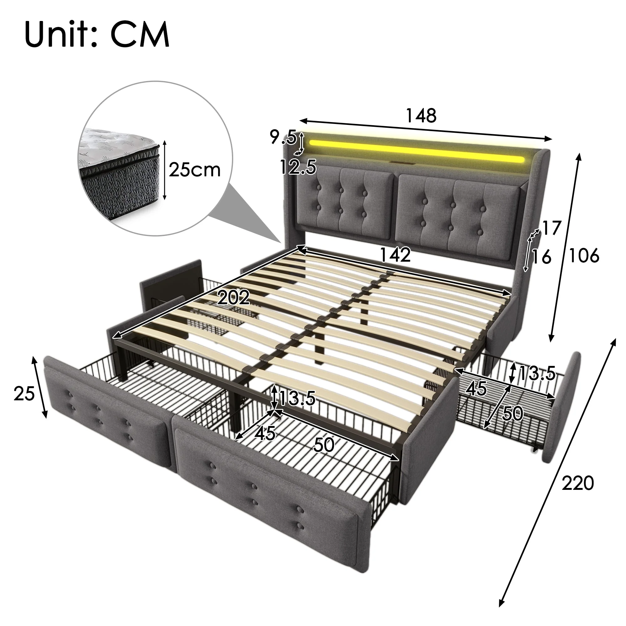 Upholstered Bed, 140x200 Double with LED Headboard, USB C & 4 Drawers, Gray Cotton - Image 2