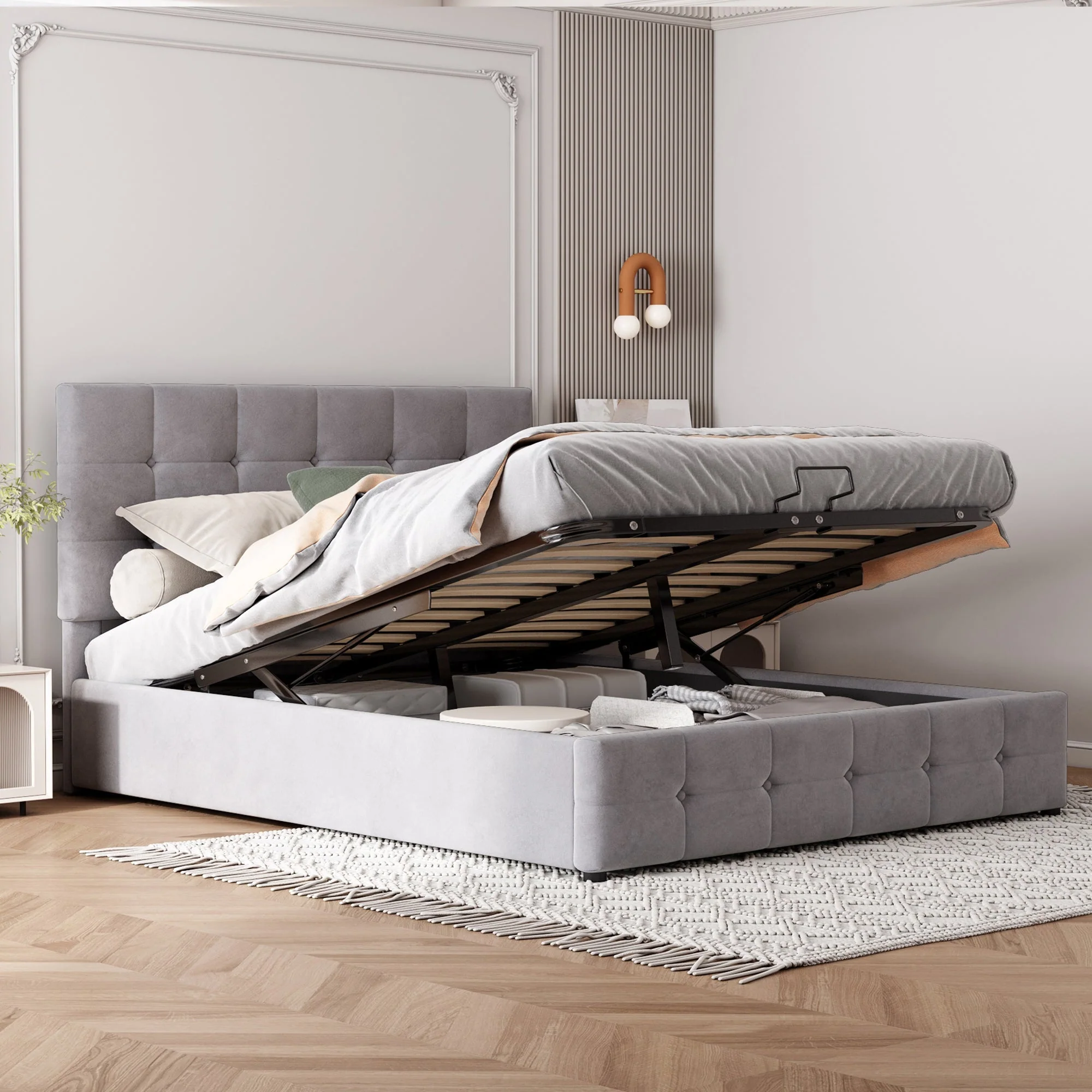 Upholstered Bed, 140x200 Double with Liftable Storage, Adjustable Headboard, Velvet Fabric Gray - Image 3