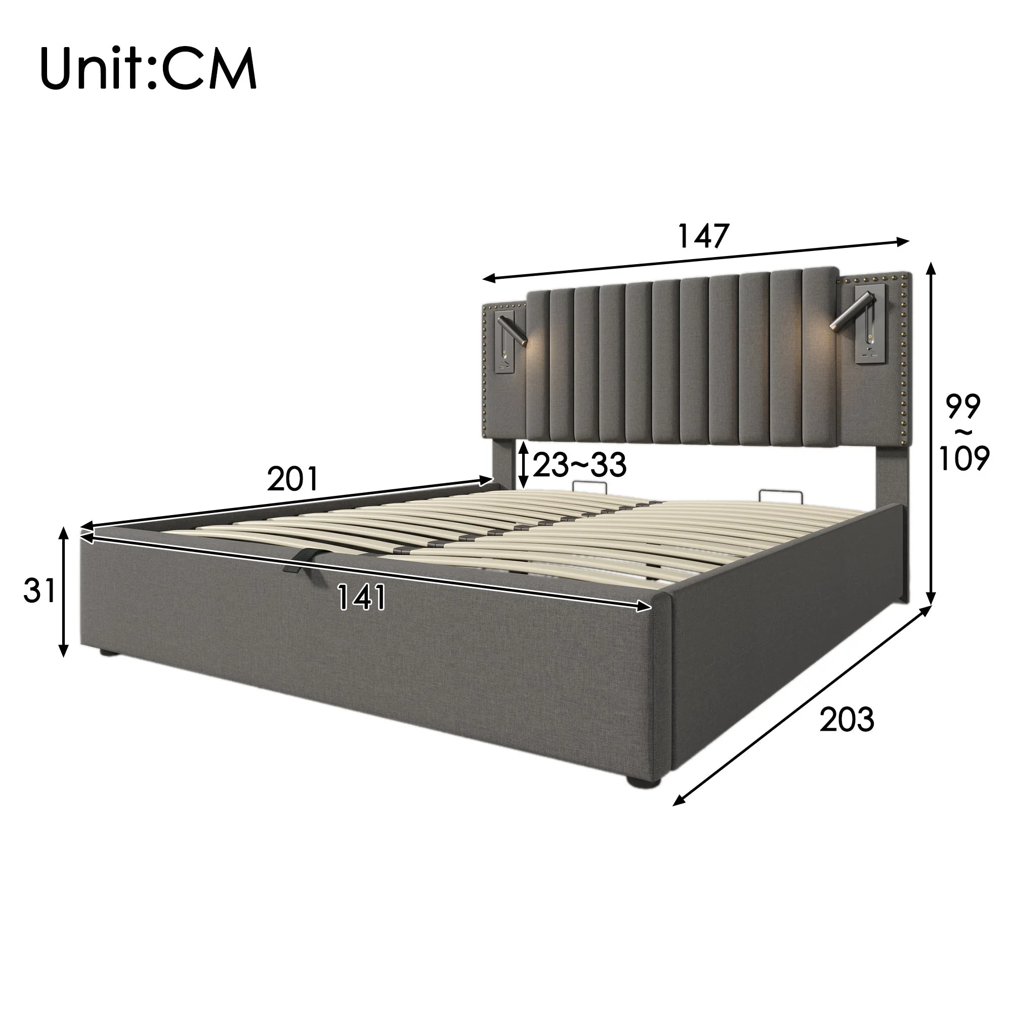 Upholstered Bed 140x200, Double with Storage & Reading Light, Cotton Gray - Image 5