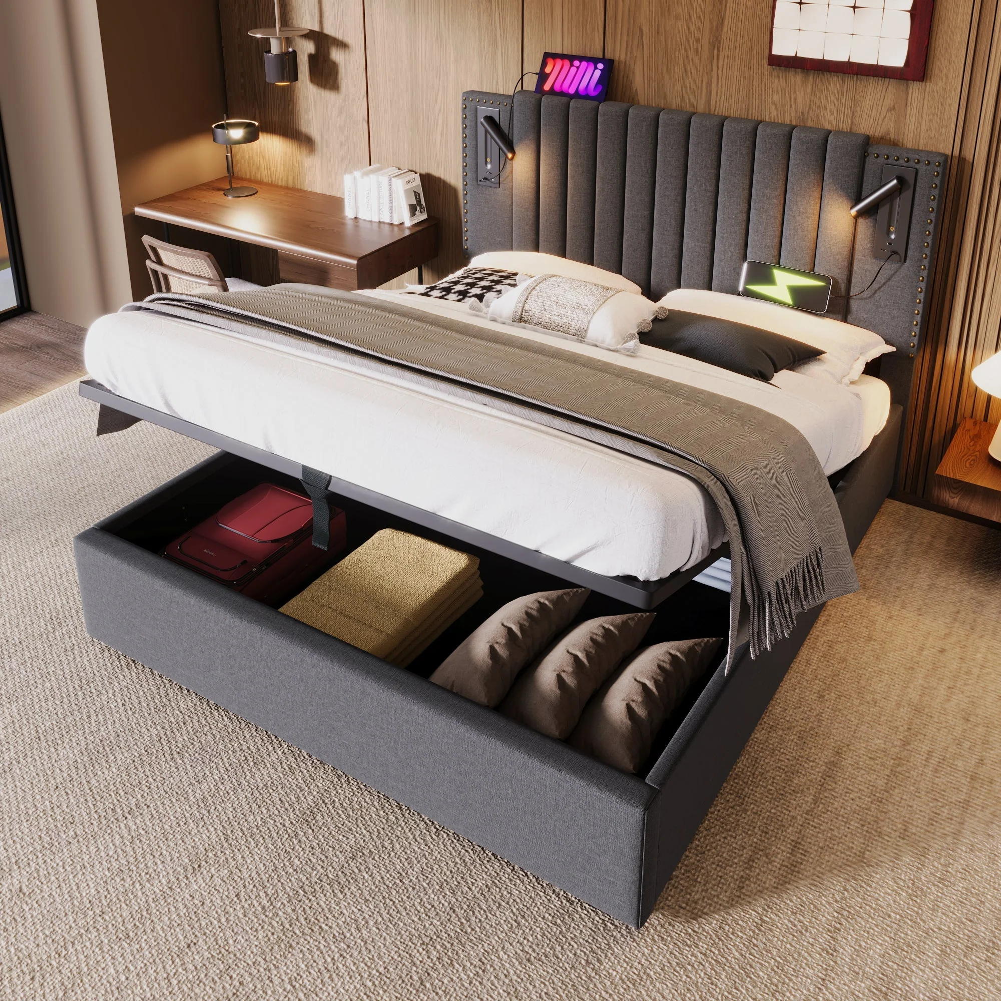 Upholstered Bed 140x200, Double with Storage & Reading Light, Cotton Gray - Image 7