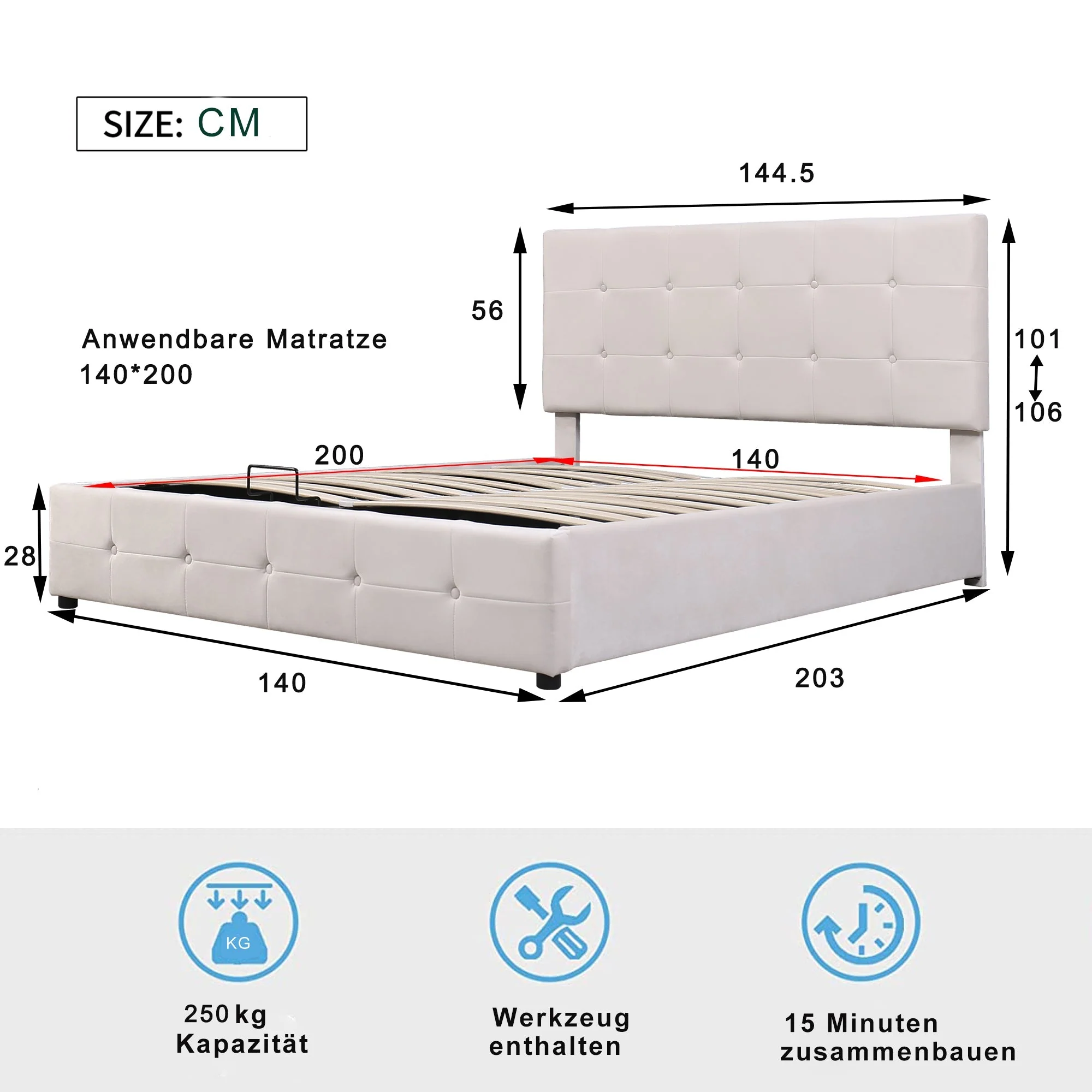 Upholstered Bed 140x200, Hydraulic Storage & Adjustable Headboard, Cream Velvet - Image 10