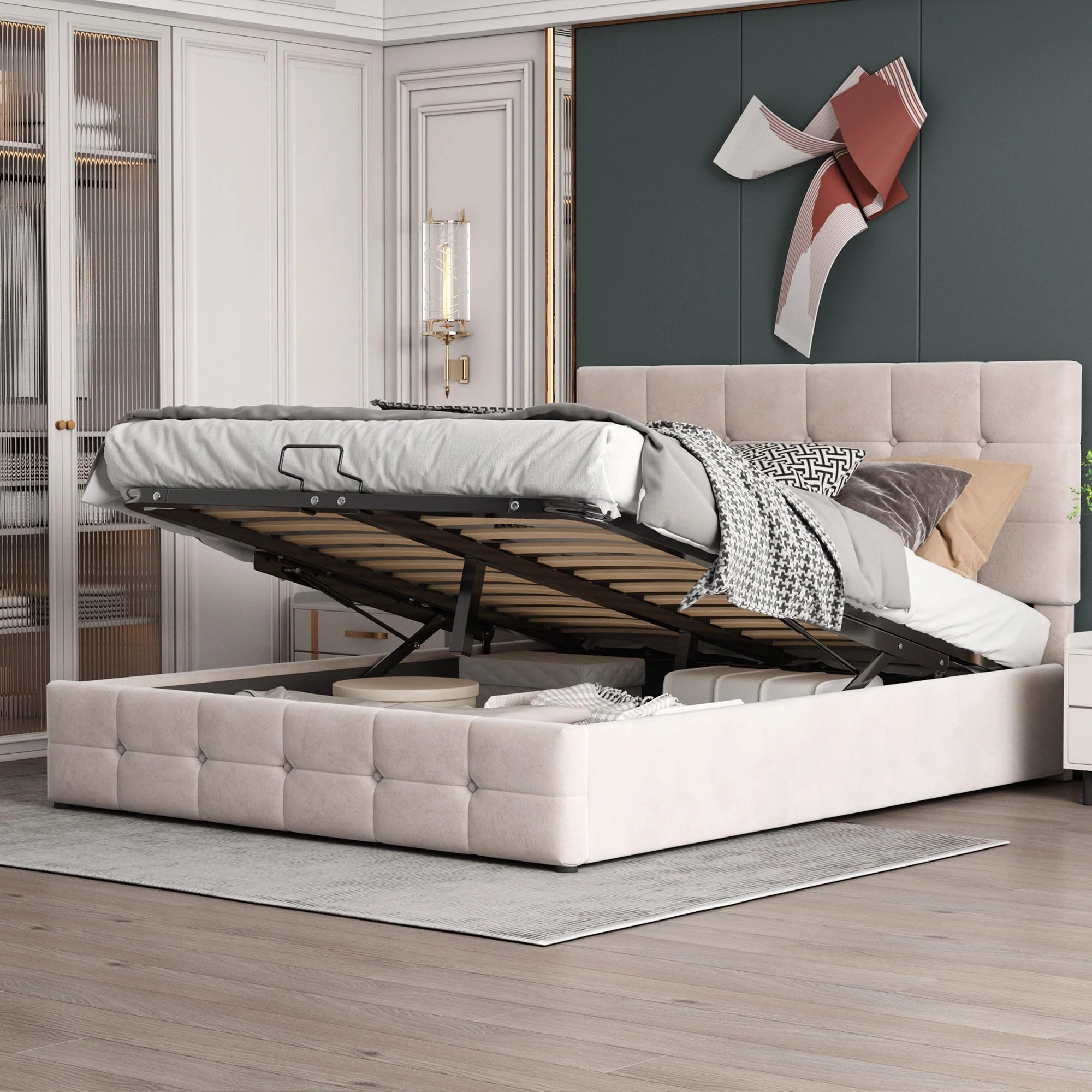 Upholstered Bed 140x200, Hydraulic Storage & Adjustable Headboard, Cream Velvet - Image 3