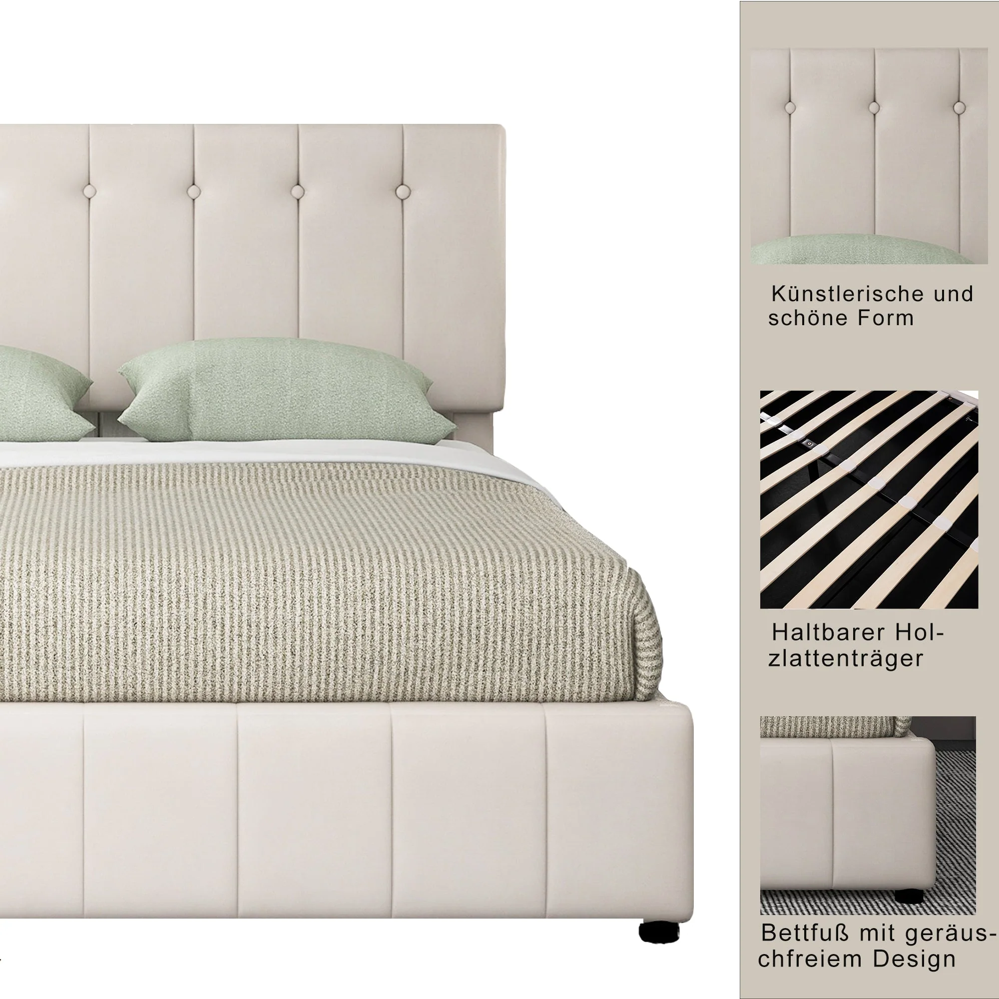 Upholstered Bed 140x200, Hydraulic Storage, Adjustable Headboard, Velvet Cream White - Image 8