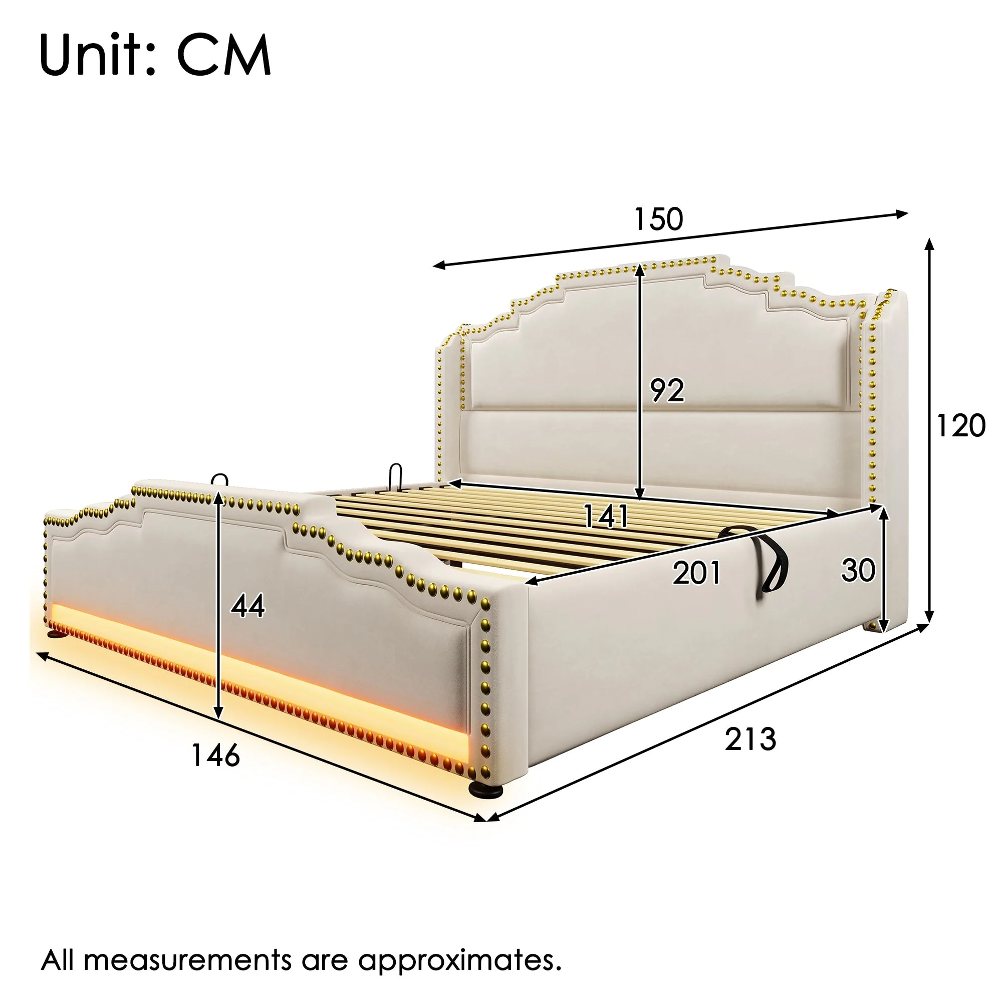 Upholstered Bed 140x200, Hydraulic Storage, LED, USB-C, Velvet Beige - Image 2