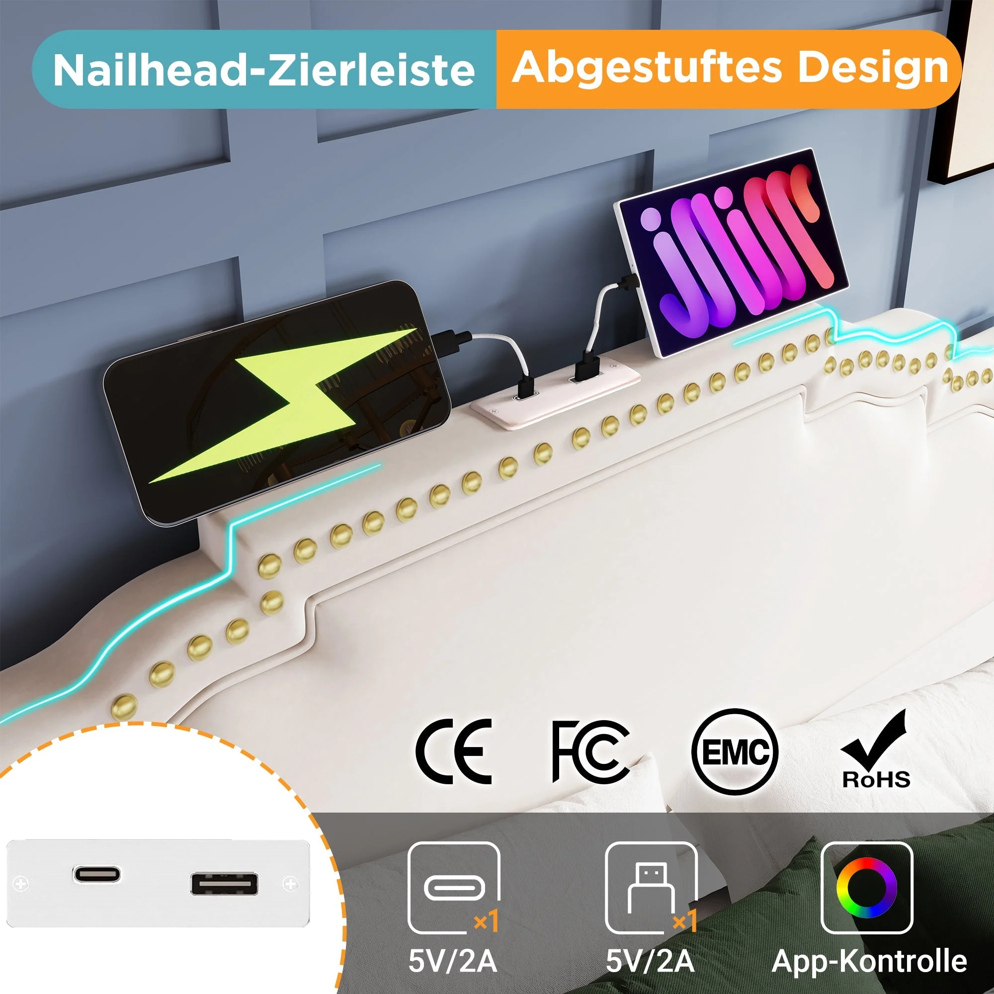 Upholstered Bed 140x200, Hydraulic Storage, LED, USB-C, Velvet Beige - Image 5