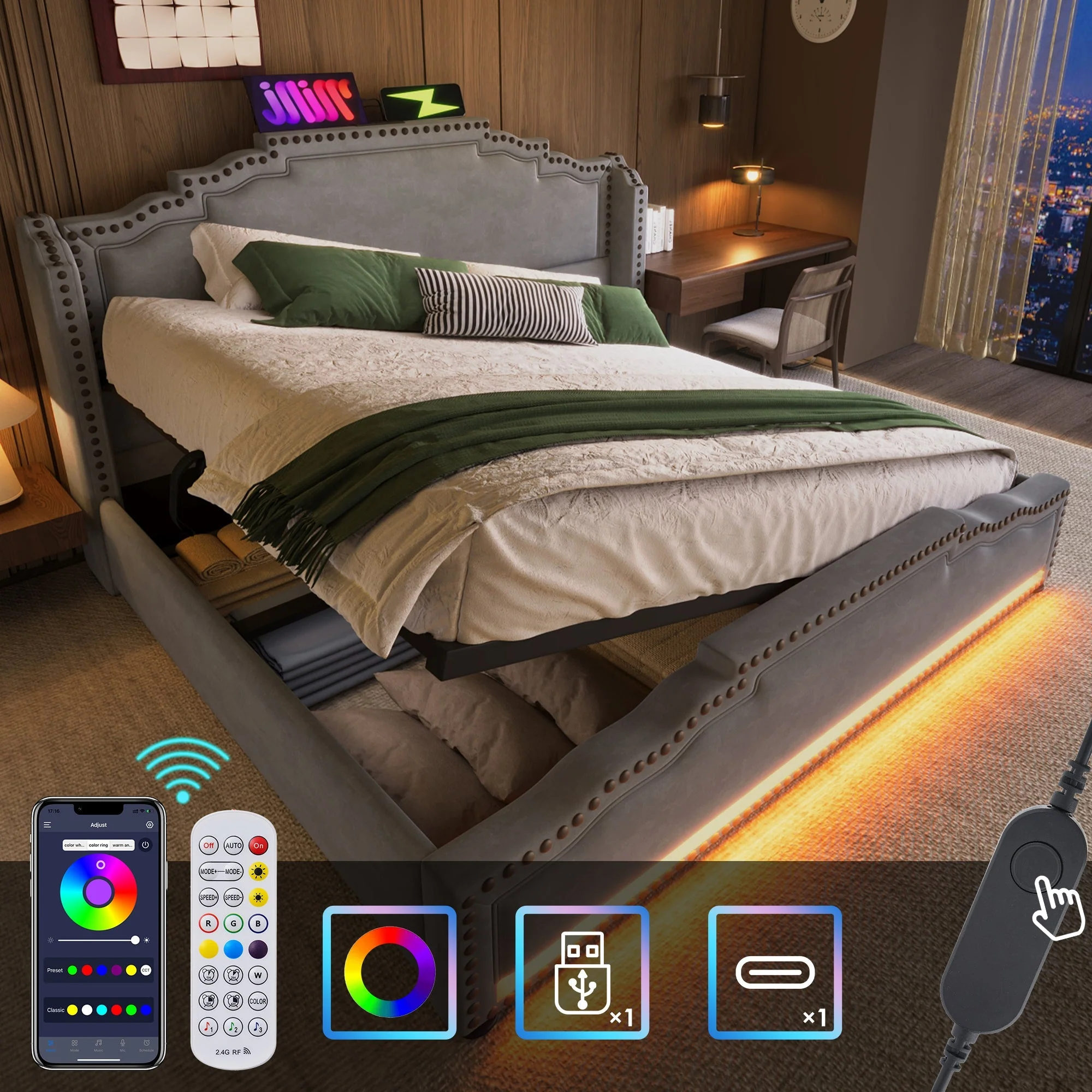 Upholstered Bed 140x200, Hydraulic Storage, LED, USB-C, Velvet Grey - Image 4