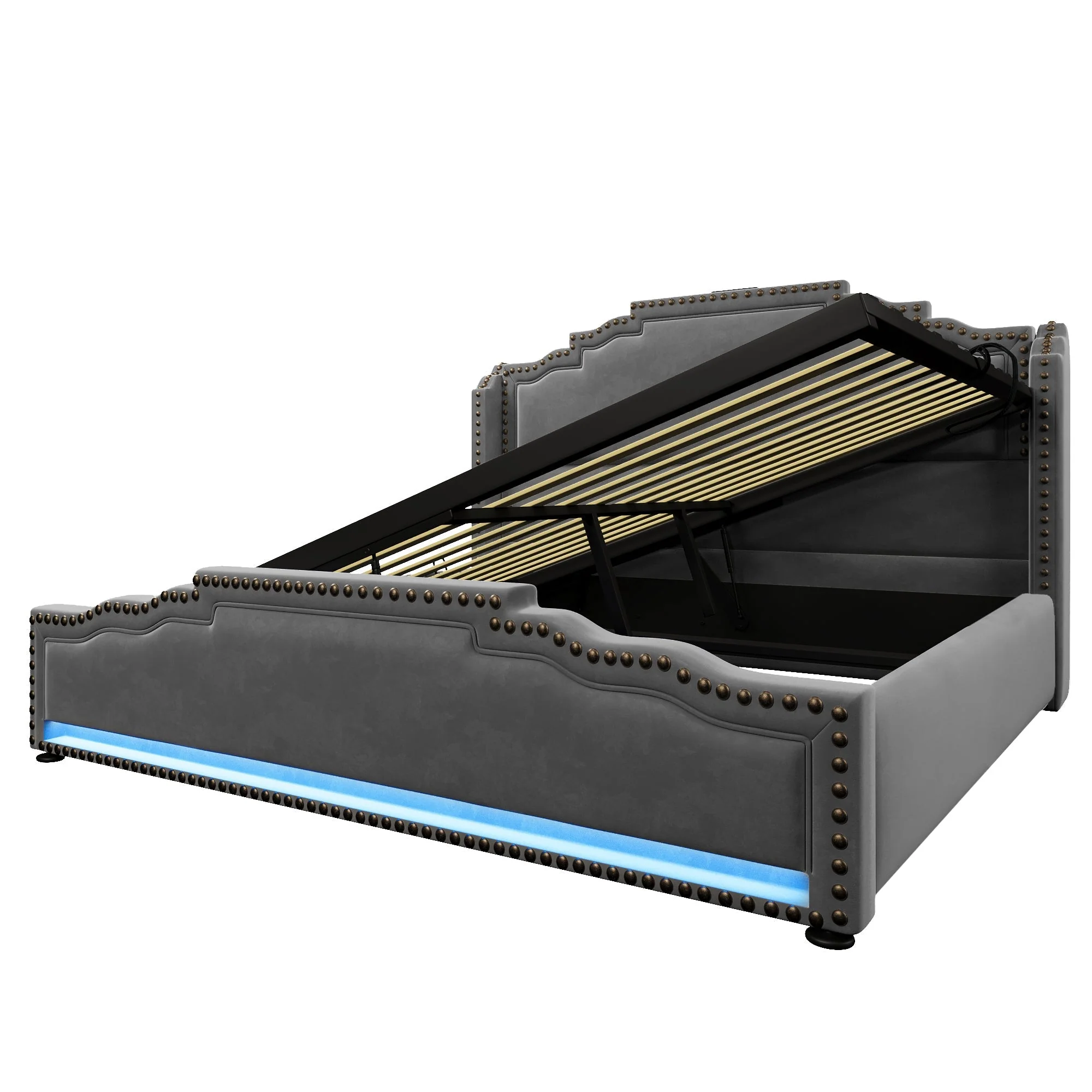 Upholstered Bed 140x200, Hydraulic Storage, LED, USB-C, Velvet Grey - Image 9