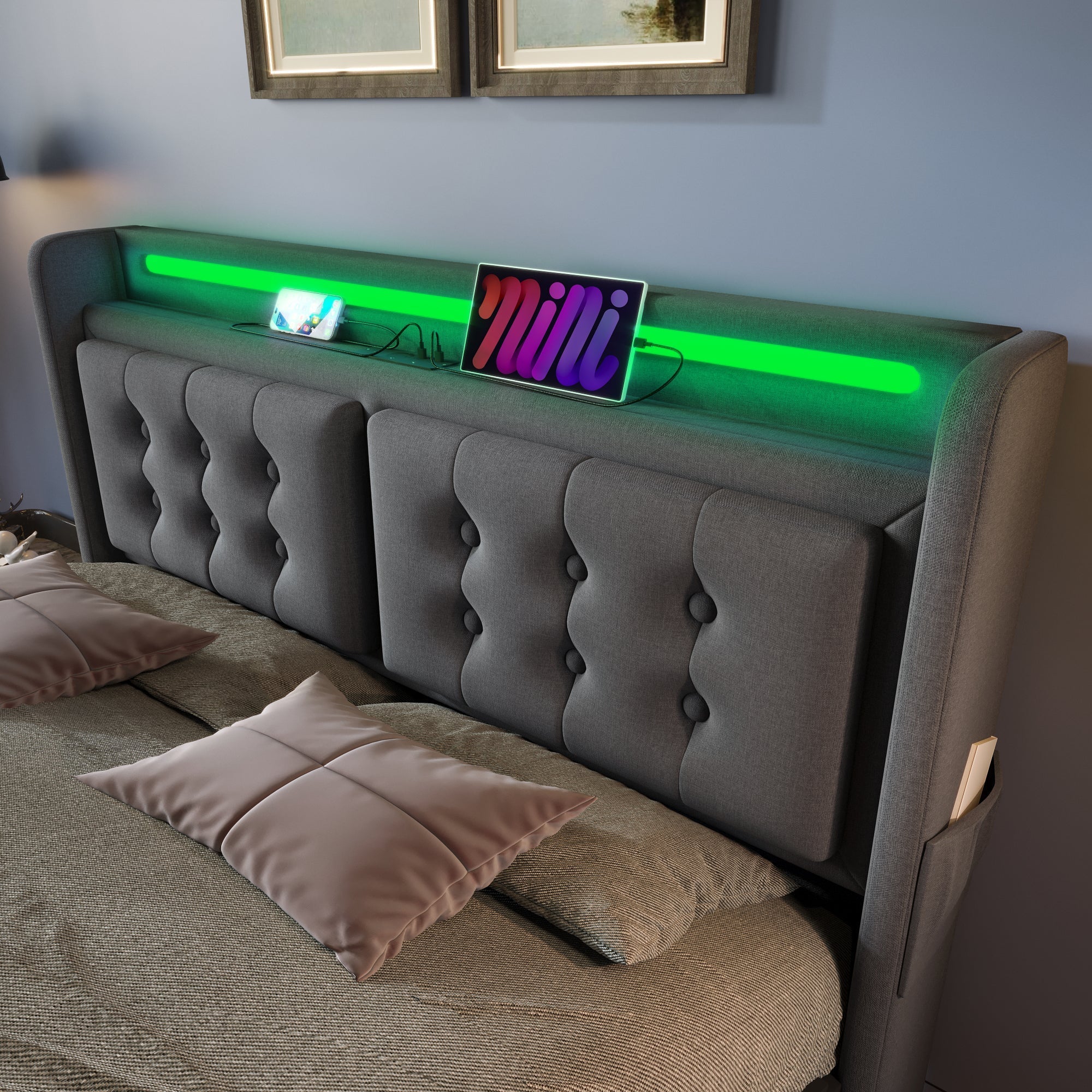 Upholstered Bed 140x200, Hydraulic Storage LED/USB Headboard, Grey Cotton (with Mattress) - Image 7
